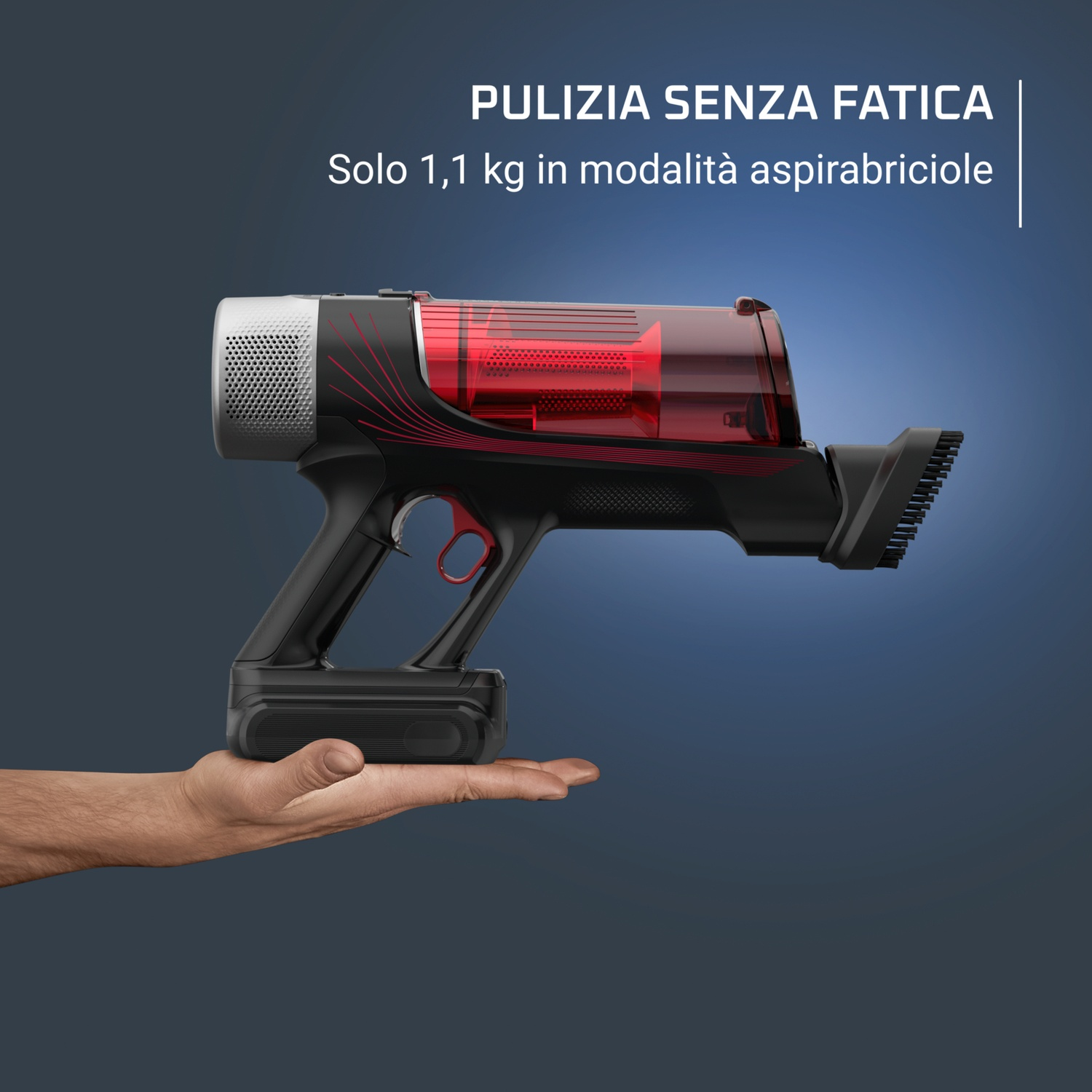 Une main tient un aspirateur sans fil noir et rouge. Le texte en haut dit 'Nettoyage facile' et 'Seulement 1,1 kg en mode miettes'.