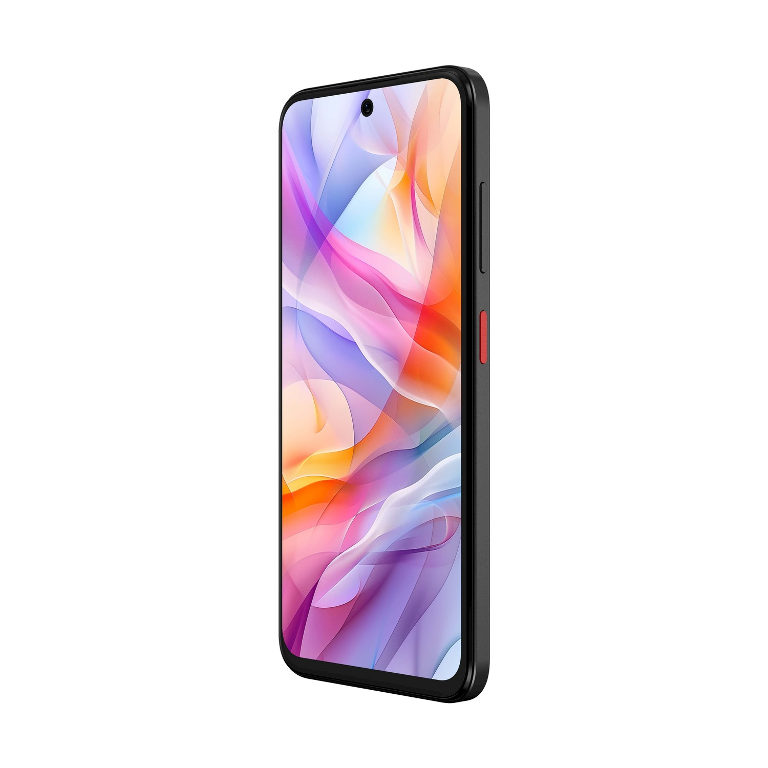 Smartfon w czarnym etui, z kolorową, abstrakcyjną tapetą. Telefon jest lekko przechylony, na białym tle.