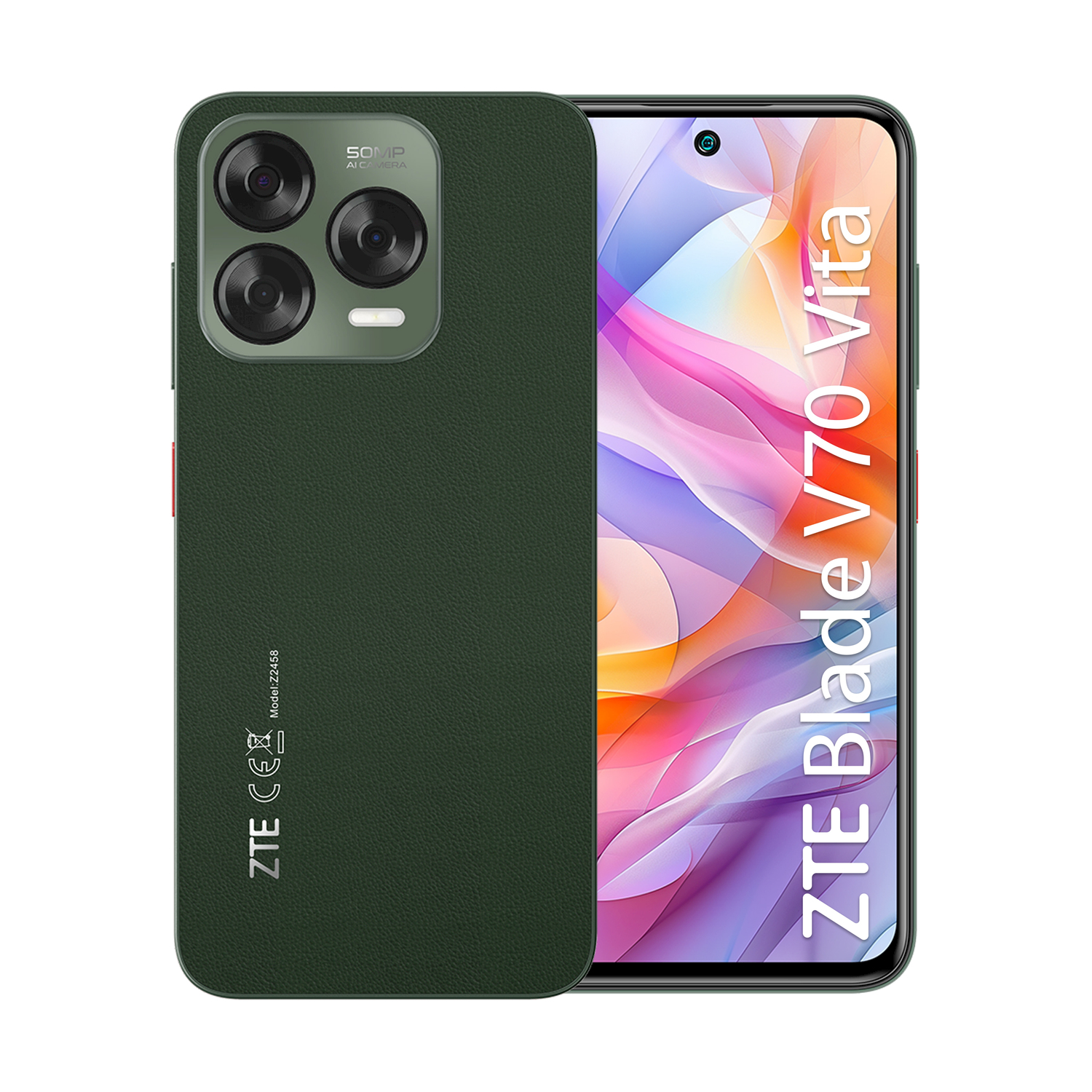 Zielony telefon ZTE Blade V70 Vita. Tył ma trzy aparaty. Ekran wyświetla kolorową sztukę abstrakcyjną.
