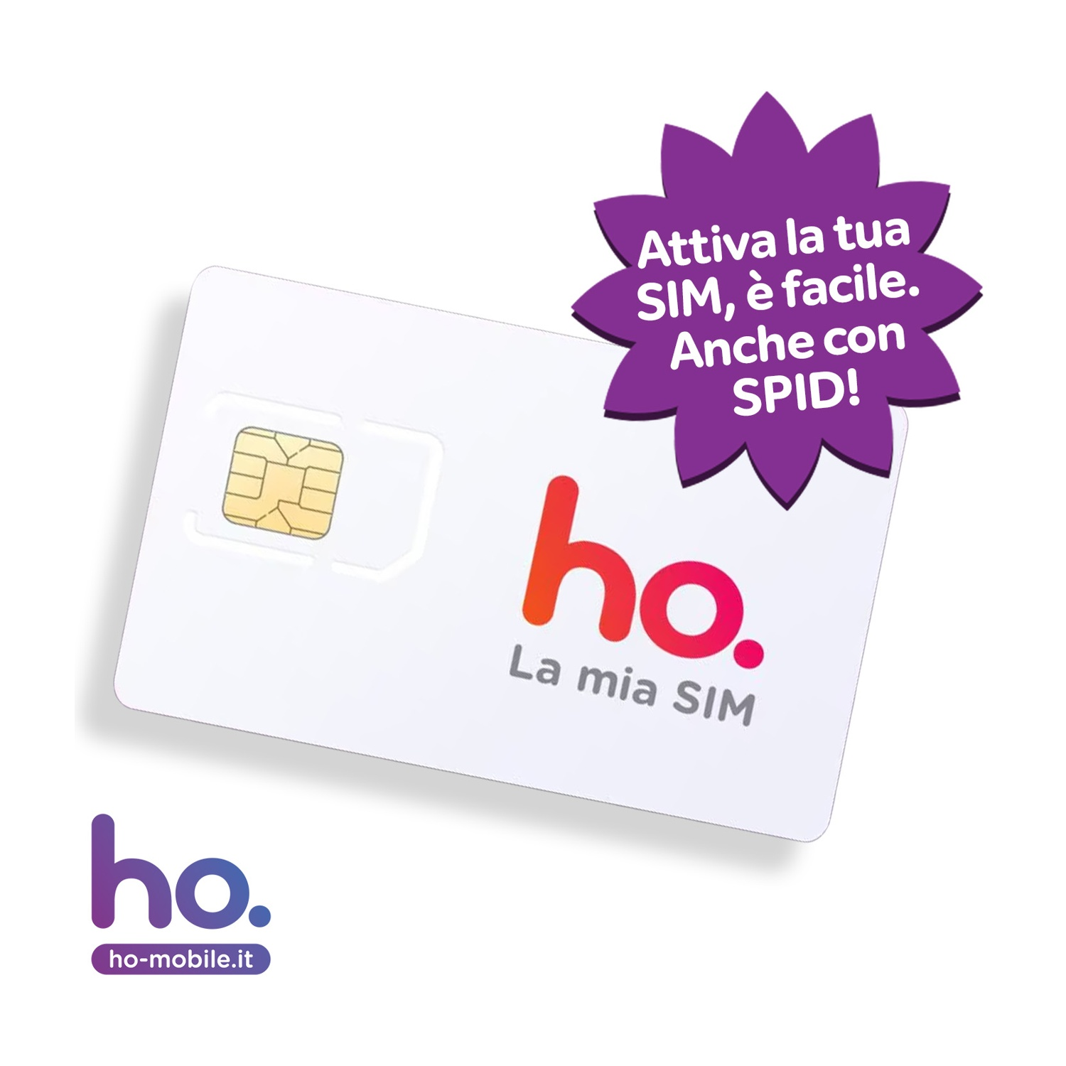 Biała karta SIM ze złotym chipem i logo ho. Fioletowa etykieta w kształcie kwiatu mówi: 'Aktywuj swoją SIM, to proste, również z SPID!'