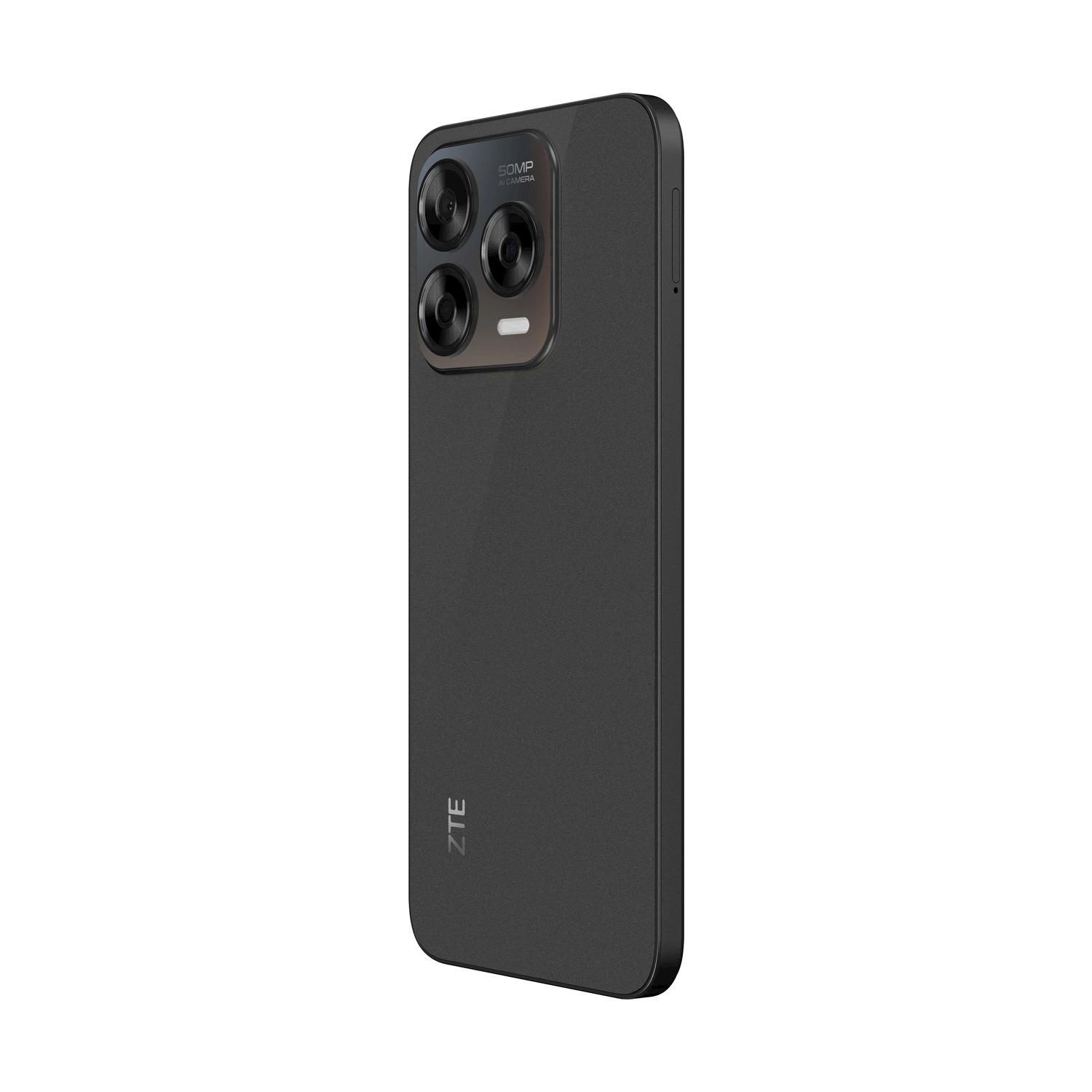 Czarny smartfon ZTE, widok z boku. Telefon ma aparat z trzema obiektywami i logo marki. Tło jest białe.