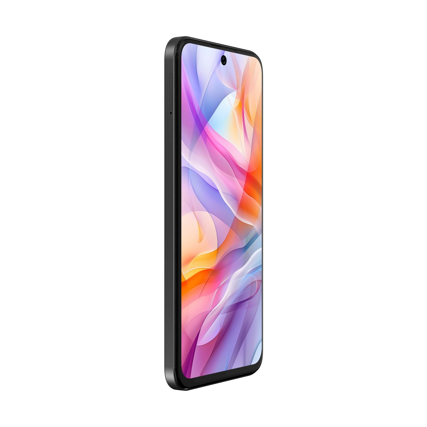 Smartfon, czarna ramka, ekran wyświetla kolorowe abstrakcyjne fale na białym tle.