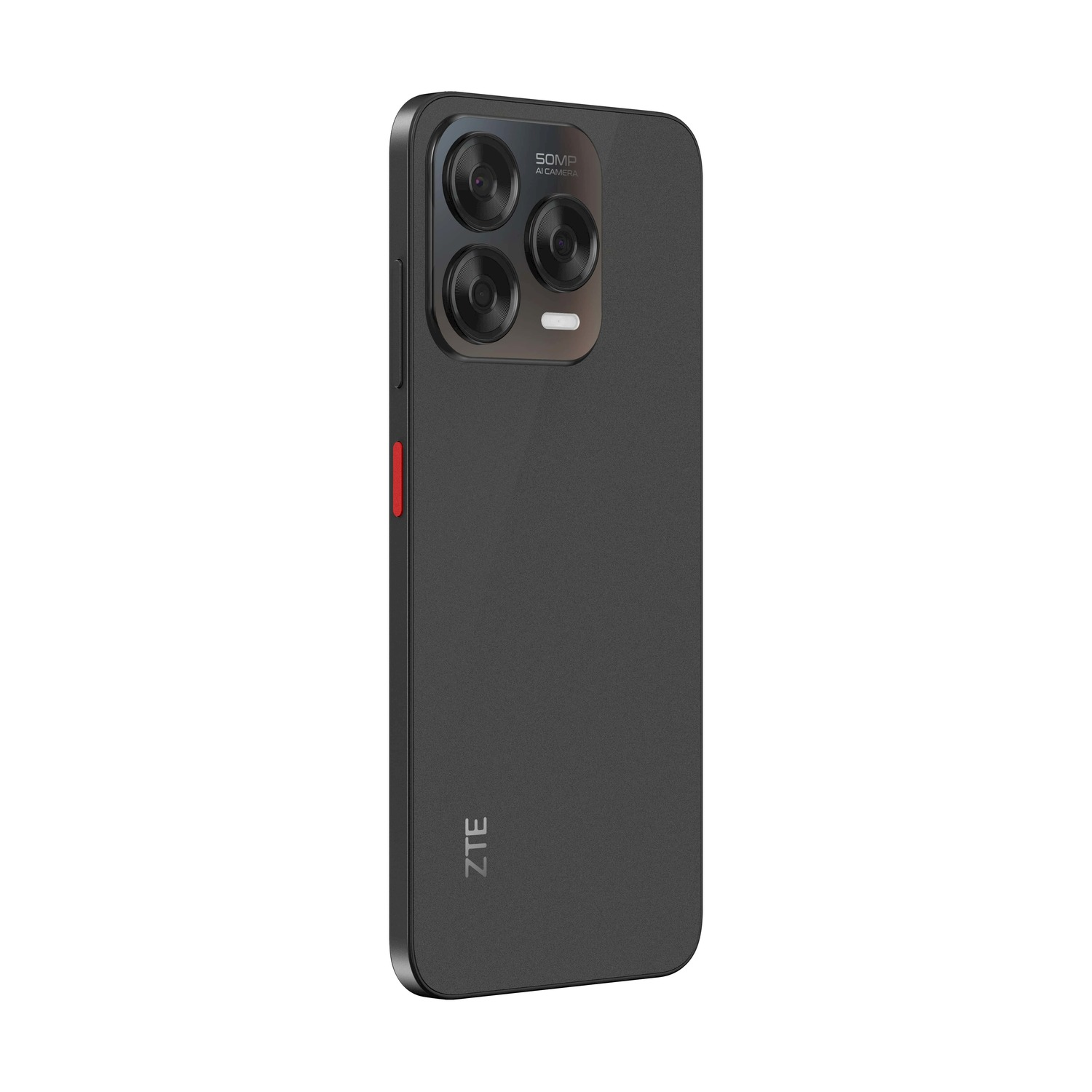 Czarny telefon ZTE z trzema obiektywami aparatu. Ma czerwony przycisk i widoczne logo ZTE. Tło jest białe.