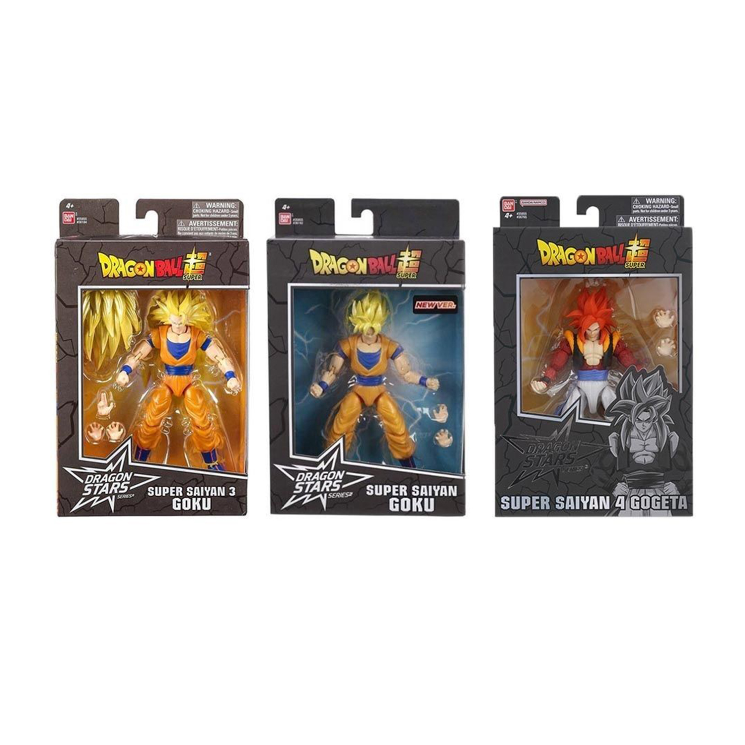 Tre action figure di Dragon Ball Super in scatola. Ognuna mostra una diversa versione di Goku o Gogeta. Le scatole sono etichettate.