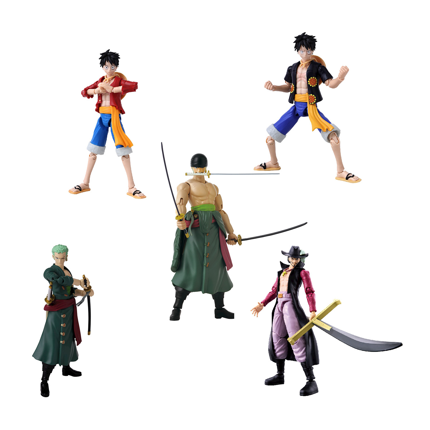 Sono esposte cinque action figure di personaggi di One Piece. Rufy in due pose, Zoro con spade e altri personaggi, tutti con abiti dettagliati.