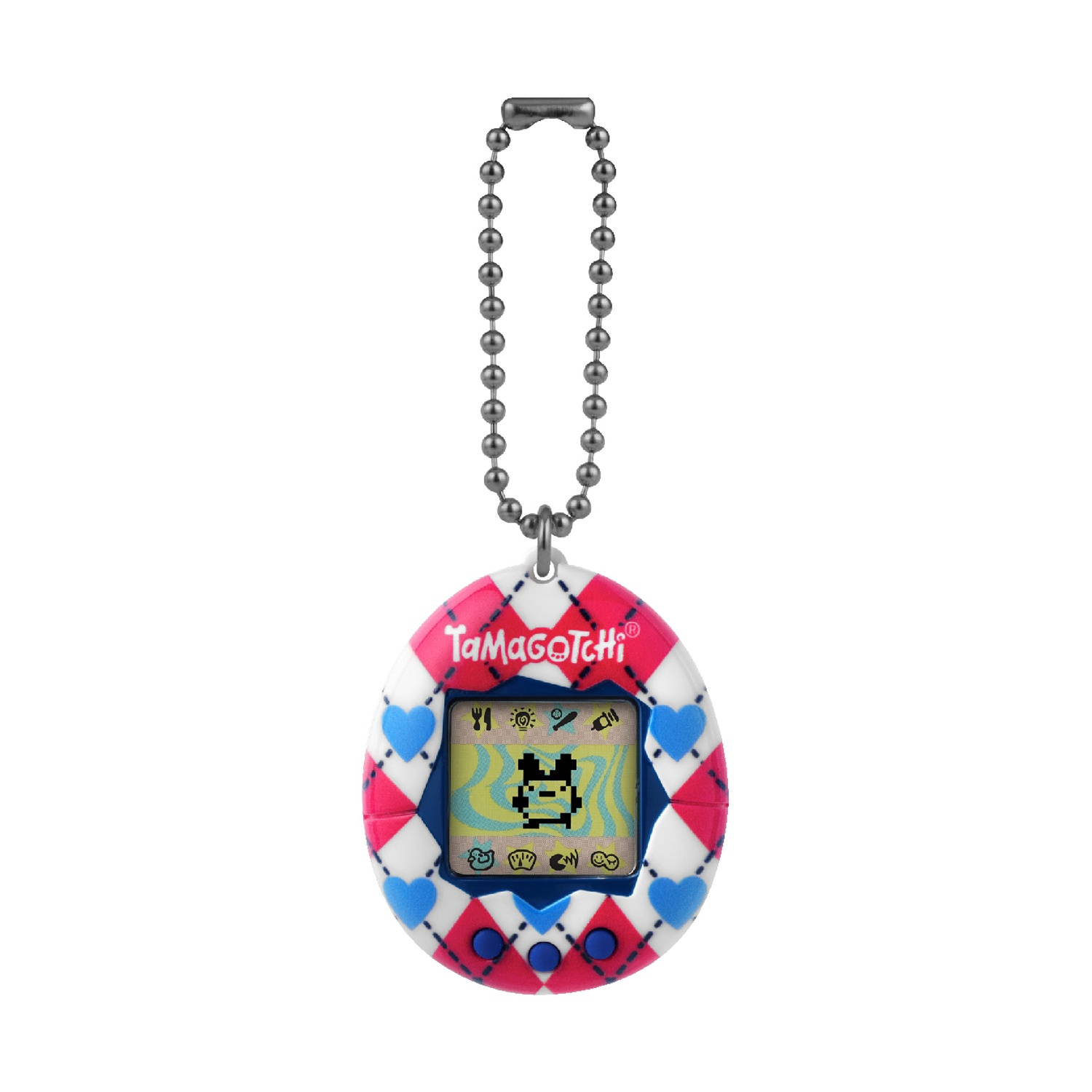 Un dispositivo per animali domestici virtuali Tamagotchi. Ha un esterno a fantasia bianco, rosa e blu. Una catena di metallo e uno schermo con un animale pixelato.