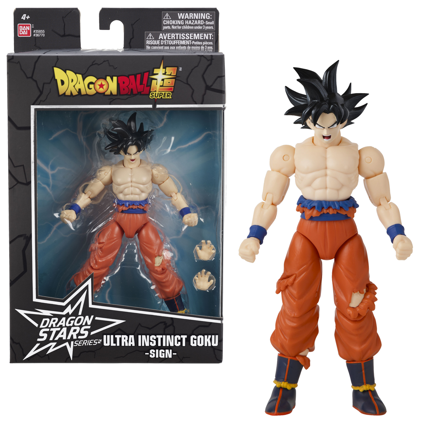 Un action figure di Dragon Ball Super di Ultra Instinct Goku con pantaloni arancioni strappati e cintura blu. La figura è in una scatola.