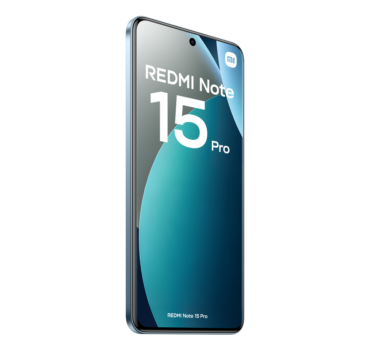 Een Redmi Note 15 Pro-telefoon tegen een zwarte achtergrond. Het scherm toont de naam en het model.