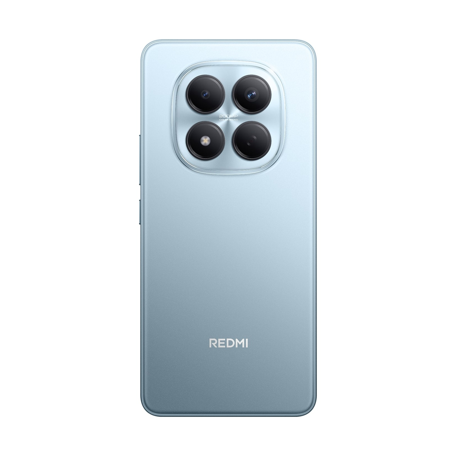 Achterkant van een lichtblauwe smartphone. Het heeft vier camera's in een cirkelvormige opstelling en het woord REDMI.