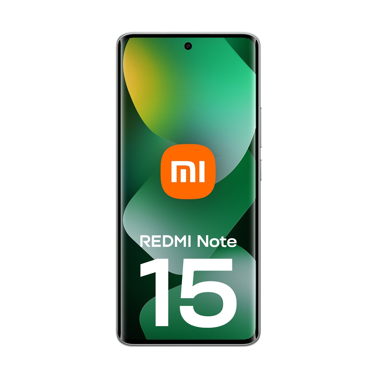 Ekran smartfona wyświetla logo Redmi Note 15 z zielono-białym gradientowym tłem i pomarańczowym logo.