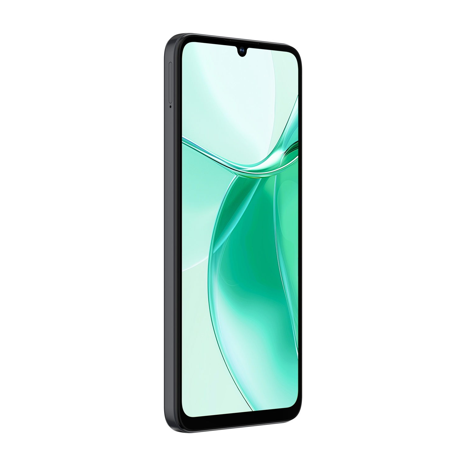 Smartfon z czarną ramką i zielono-białym abstrakcyjnym tłem na ekranie jest wyświetlany pod kątem.