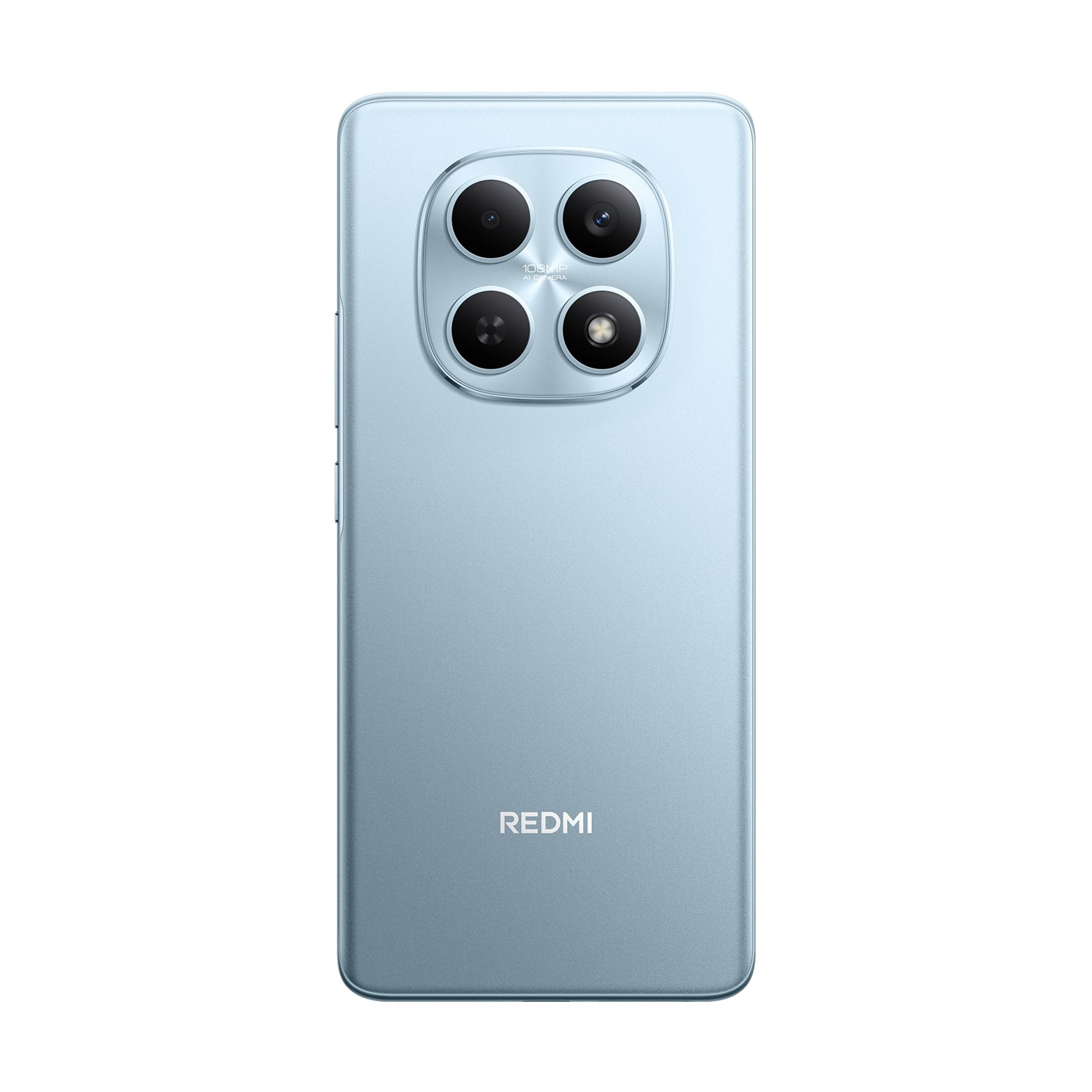 Retro di smartphone azzurro. Ha quattro obiettivi della fotocamera disposti a cerchio in alto e la scritta 'REDMI' in basso.