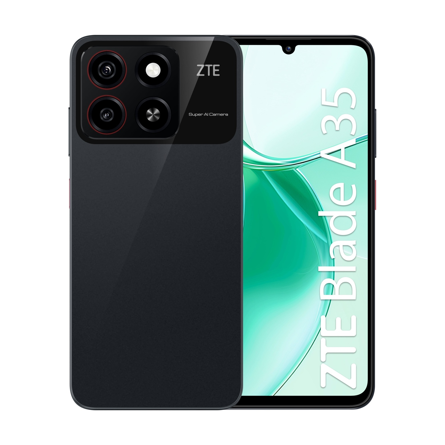 Czarny smartfon ZTE Blade A35. Posiada moduł aparatu z trzema obiektywami i lampą błyskową. Ekran wyświetla logo ZTE.