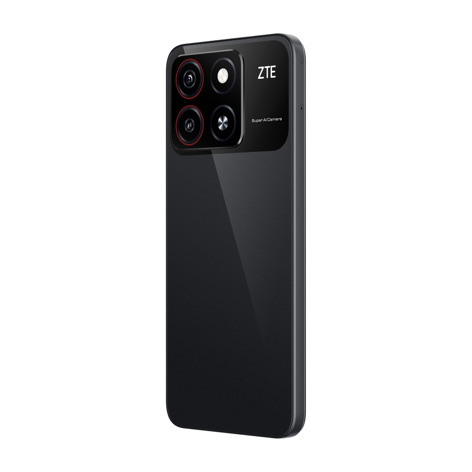 Czarny smartfon z wieloma aparatami, logo ZTE i napisem 'Super AI Camera' na plecach. Telefon jest ustawiony pod kątem, pokazując bok.