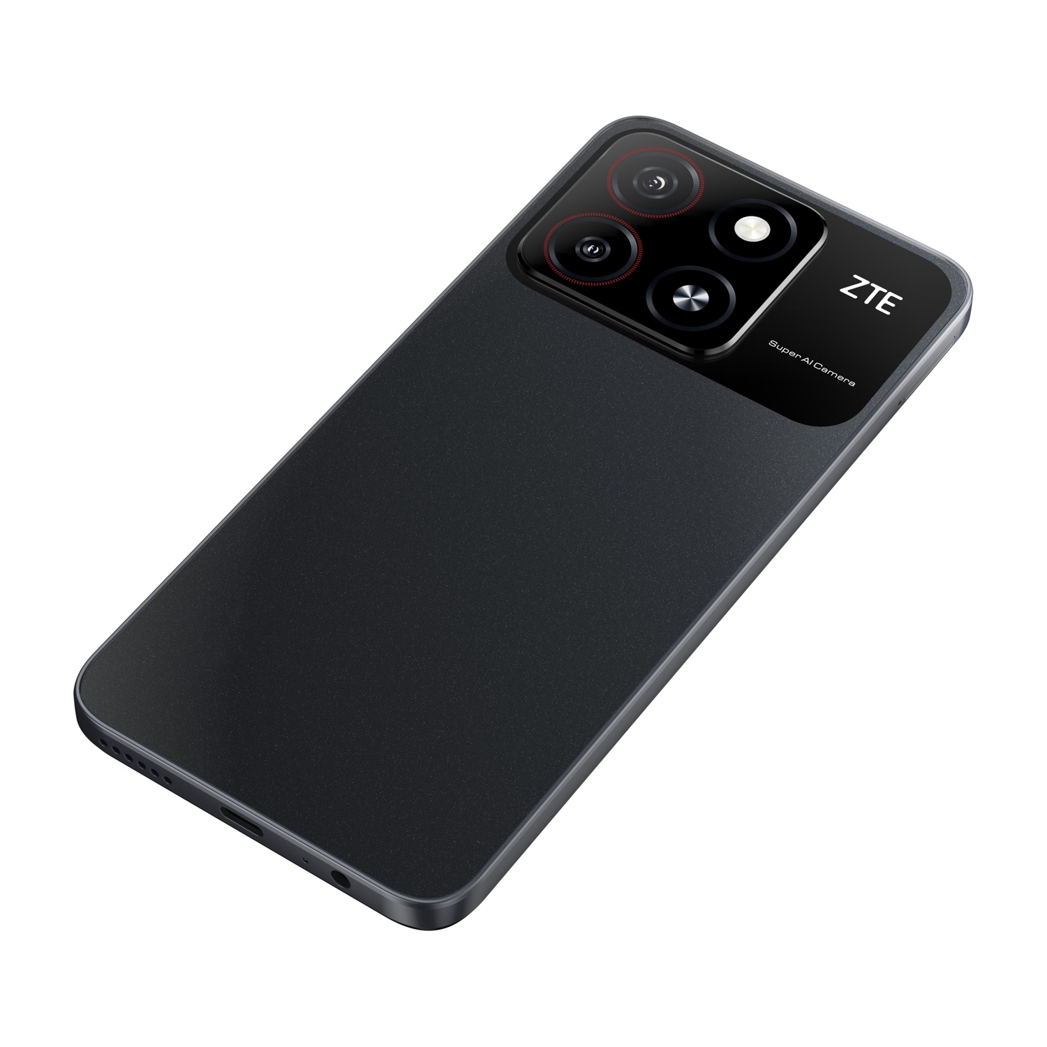 Czarny smartfon ZTE, widok z boku. Posiada wiele tylnych aparatów i logo ZTE. Telefon znajduje się na białym tle.