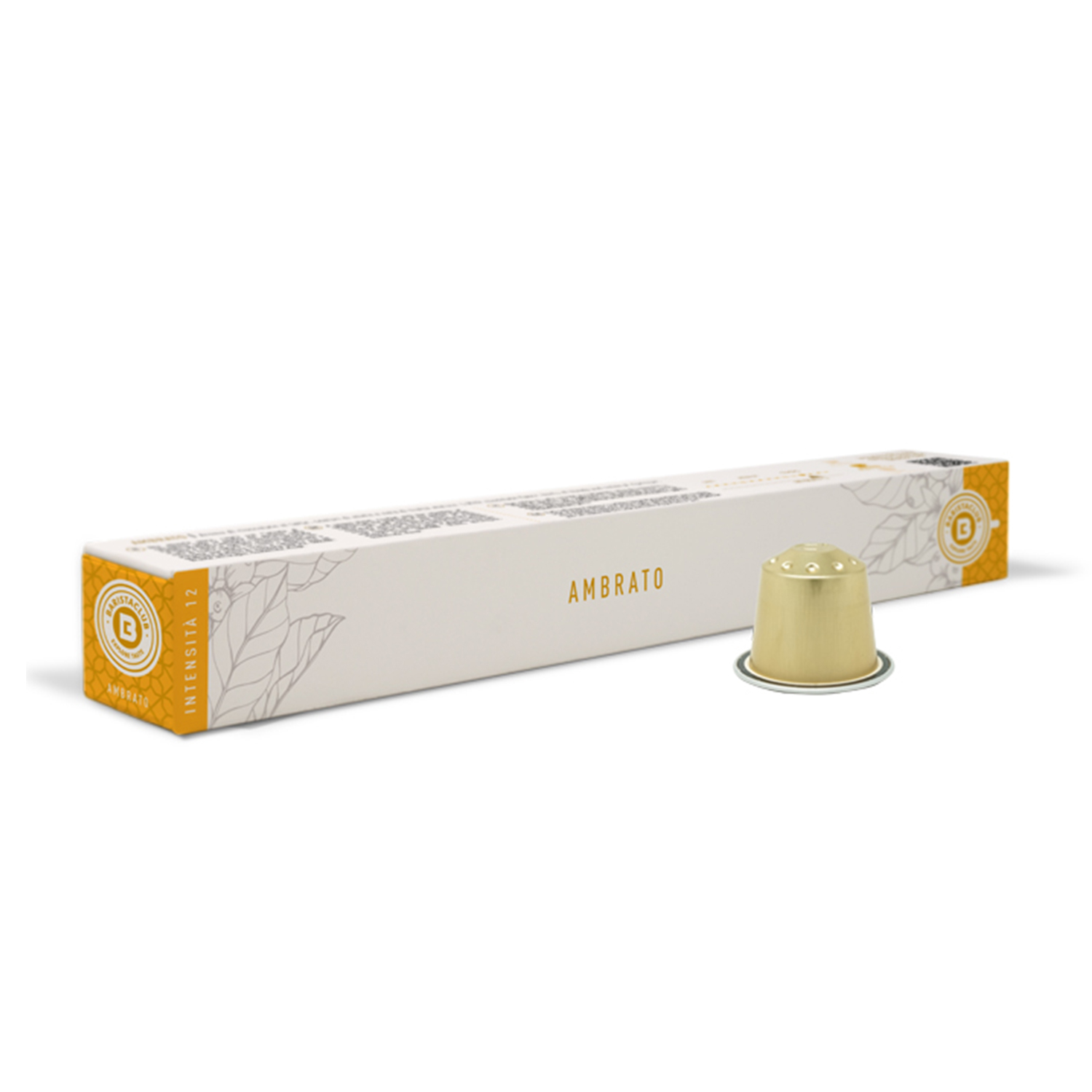 Eine Kaffeekapsel und ihre Schachtel. Die Schachtel ist weiß mit dem Wort AMBRATO. Die Kapsel ist goldfarben. Der Hintergrund ist weiß.