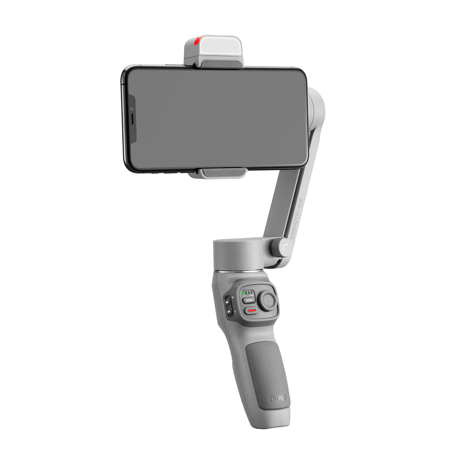 Uno stabilizzatore per smartphone grigio con telefono collegato. Ha pulsanti e un'impugnatura. Lo sfondo è bianco.
