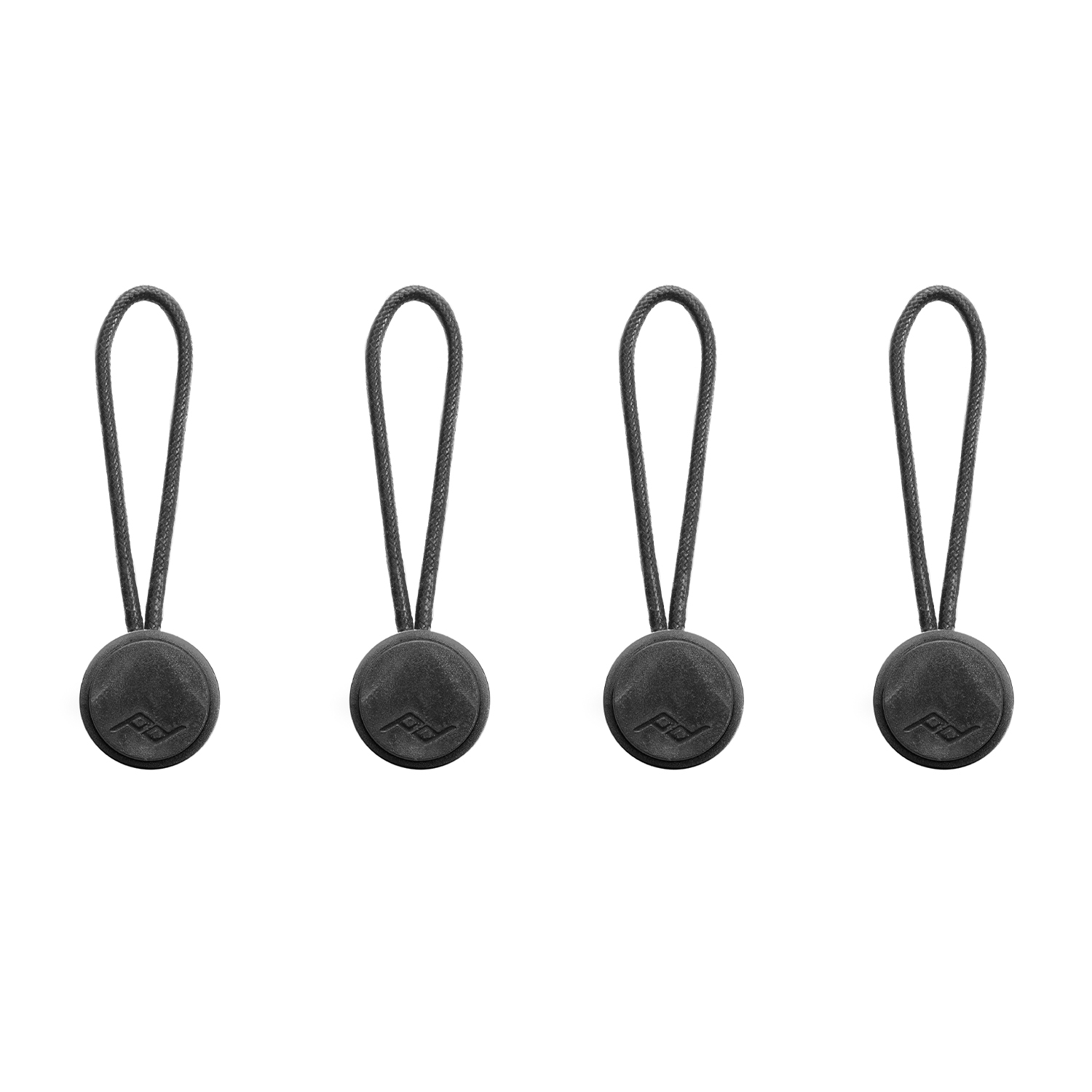 Quatre boucles de cordon noir avec des boutons ronds noirs texturés. Fond blanc.