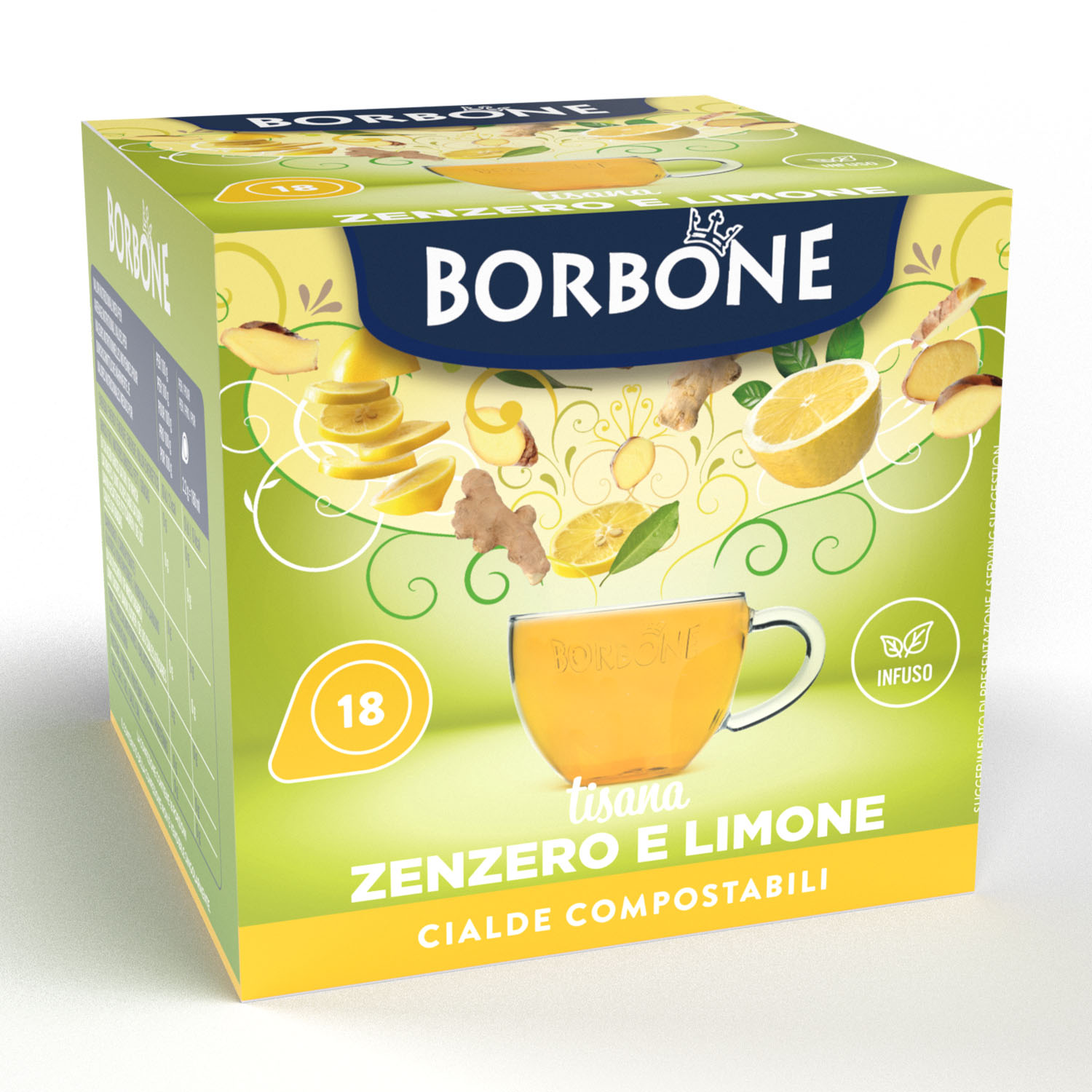 Scatola di tè allo zenzero e limone Borbone. Mostra una tazza di tè e immagini di fette di limone e zenzero.