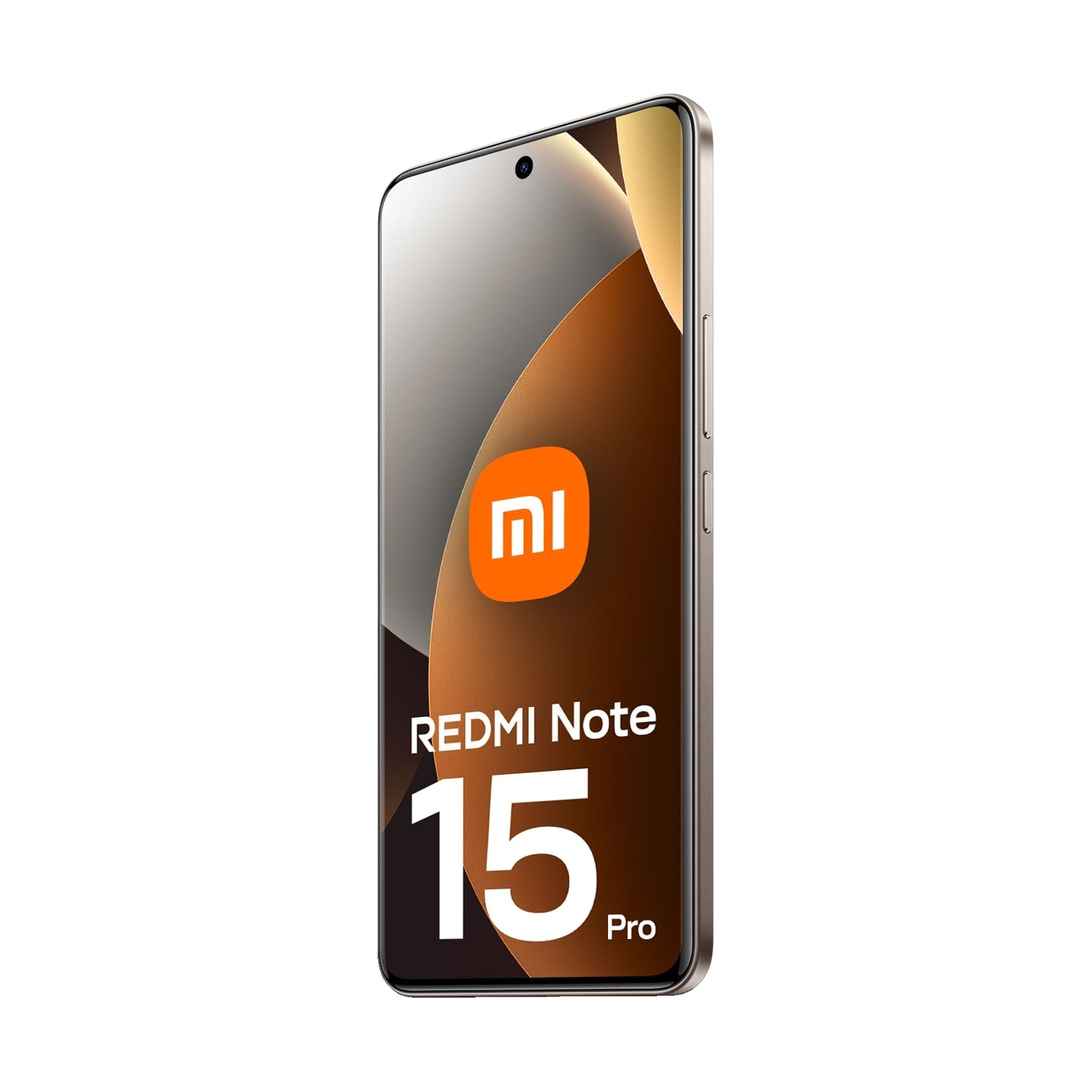 Een Redmi Note 15 Pro-telefoon wordt weergegeven. Het heeft een scherm met het merklogo en modeldetails tegen een bruine achtergrond.