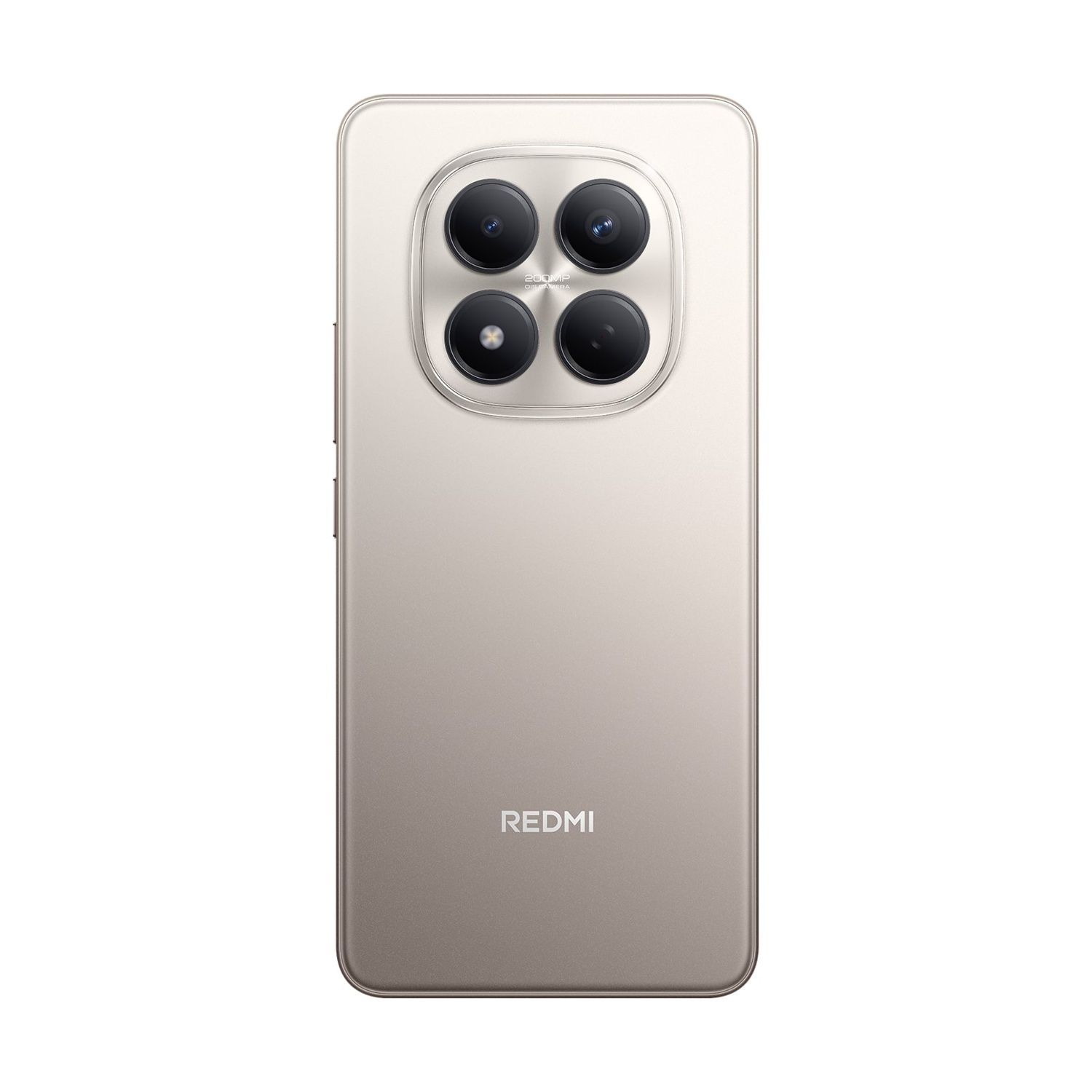 Achterkant van een beige smartphone met vier cameralenzen. Het Redmi-logo staat onderaan.