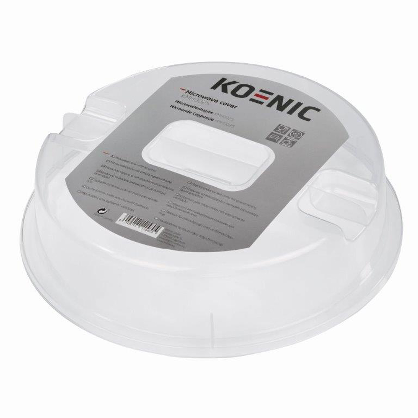 Przezroczysta plastikowa pokrywa do kuchenki mikrofalowej z etykietą. Etykieta mówi 'KOENIC' i 'Pokrywa mikrofalowa'. Pokrywa jest okrągła.