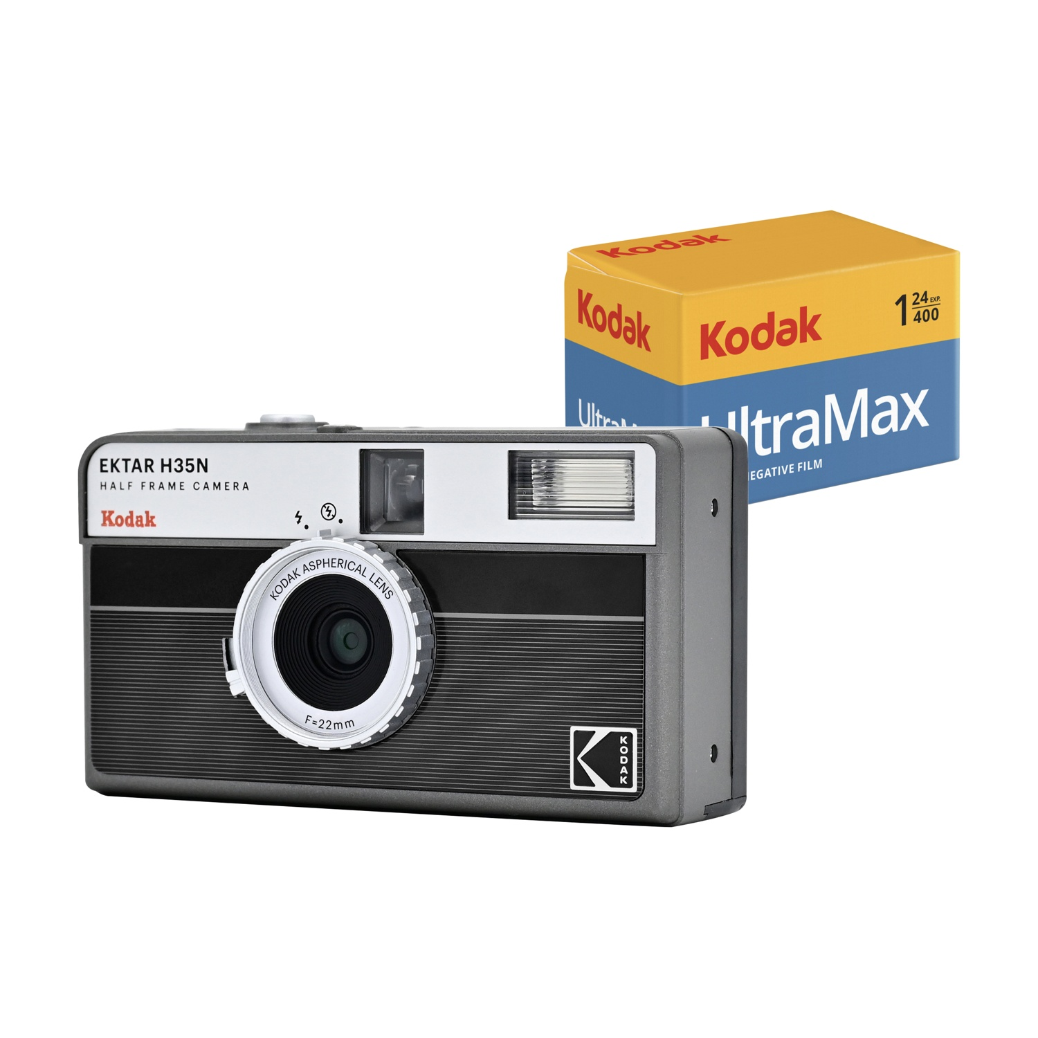 Una fotocamera Kodak Ektar H35N e una scatola di pellicola Kodak UltraMax 400 sono mostrate su sfondo bianco.
