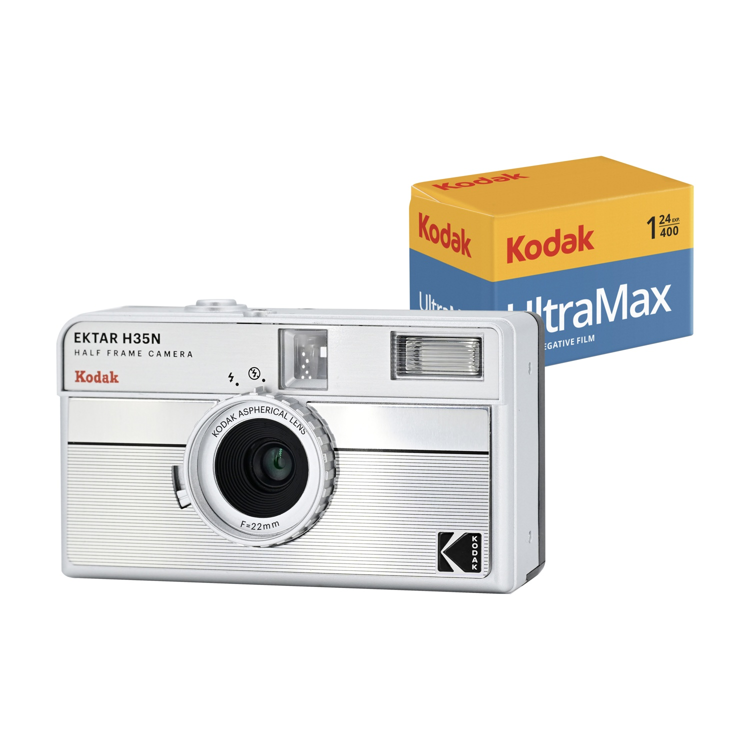 Una fotocamera Kodak Ektar H35N bianca e una scatola di pellicola Kodak Ultramax su sfondo bianco.