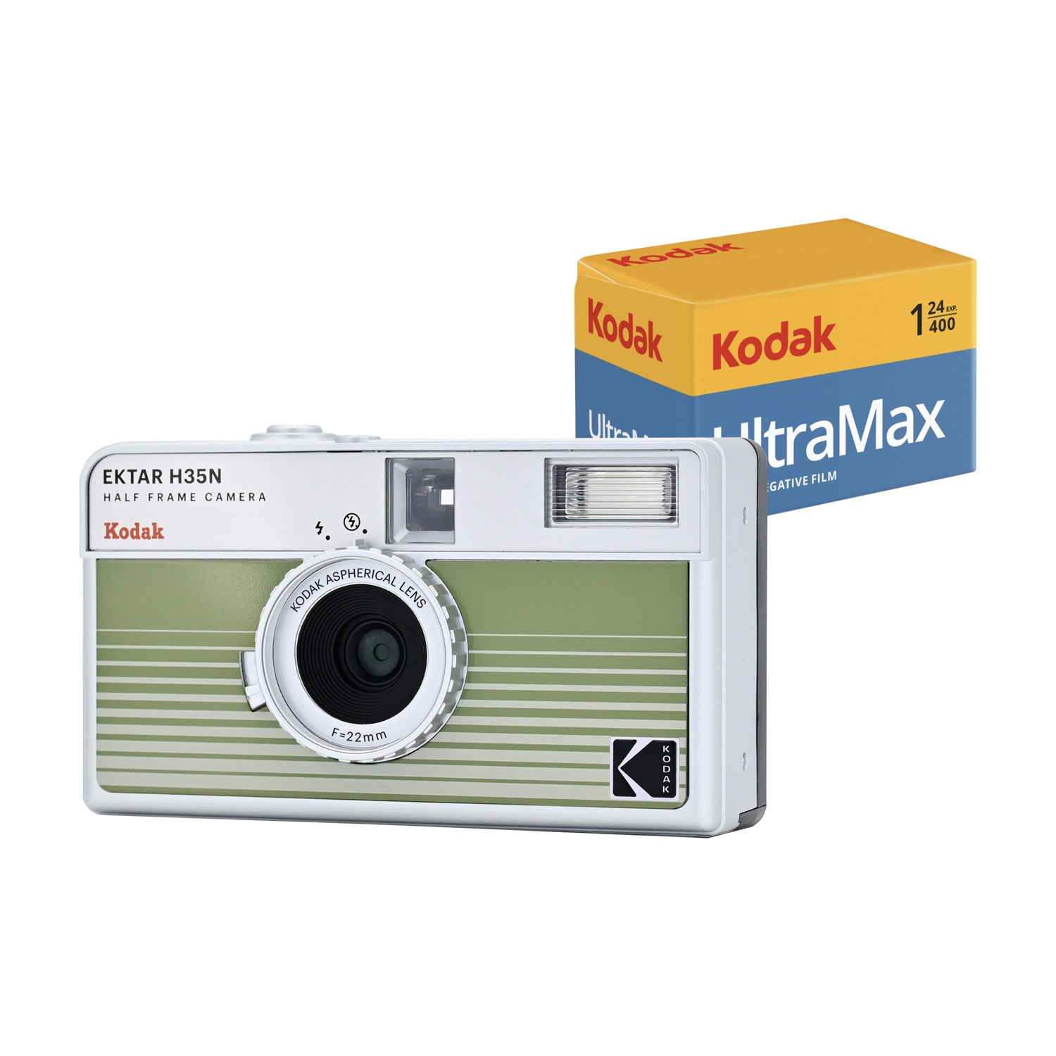 Una fotocamera Kodak EKTAR H35N e una scatola di pellicola Kodak Ultramax su sfondo bianco. La fotocamera è verde e bianca.