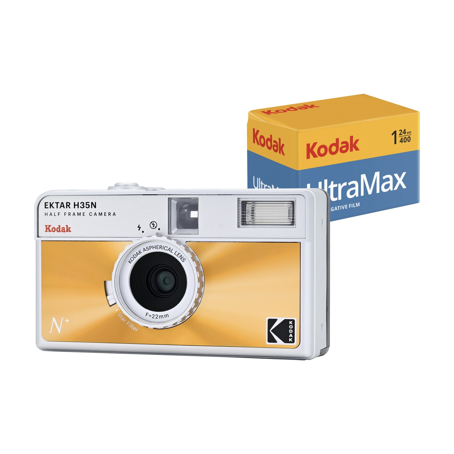 Una fotocamera Kodak Ektar H35N e una scatola di pellicola Kodak Ultramax su sfondo bianco. La fotocamera è oro e bianca.