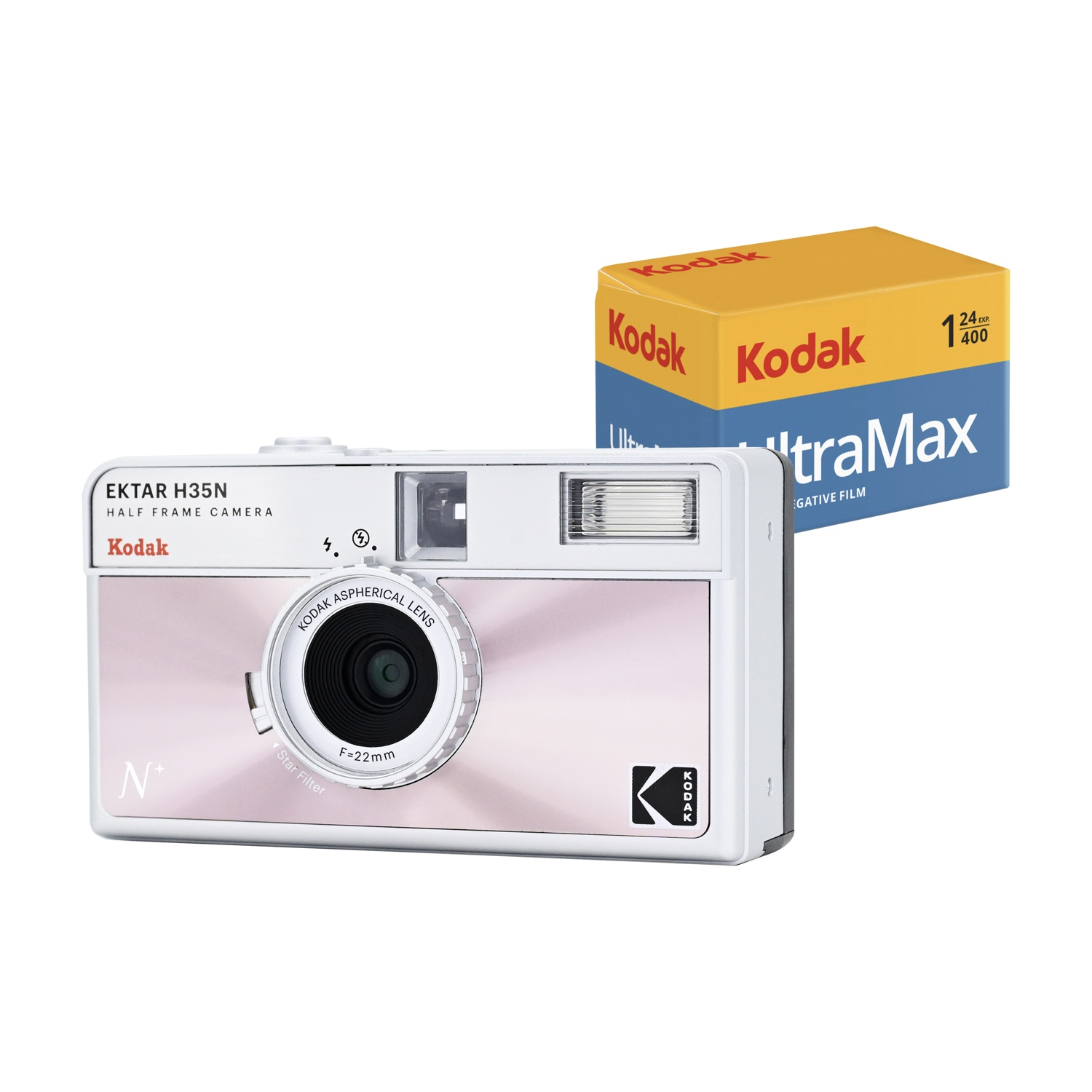 Una fotocamera Kodak Ektar H35N con frontale rosa e una scatola di pellicola Kodak UltraMax su sfondo bianco.