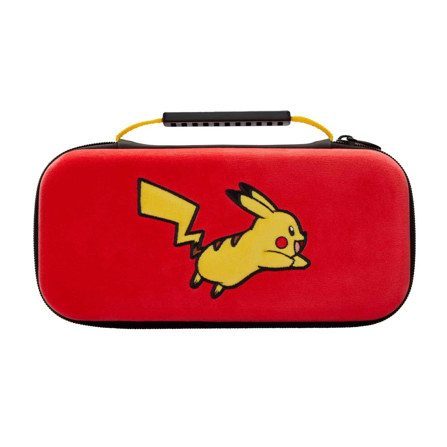 Custodia rossa con design Pikachu giallo. Ha una cerniera nera, maniglia e cinturino giallo. Lo sfondo è bianco.
