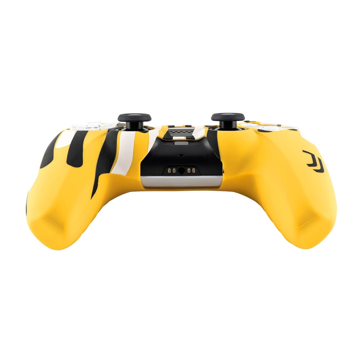 Un controller di gioco con motivo giallo e nero, con joystick e pulsanti neri, è centrato su sfondo bianco.