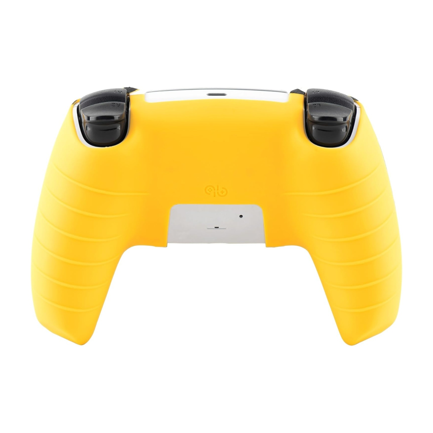 Una cover gialla per controller di gioco, con pulsanti neri in alto. Il retro del controller è mostrato, con una sezione bianca e grigia.