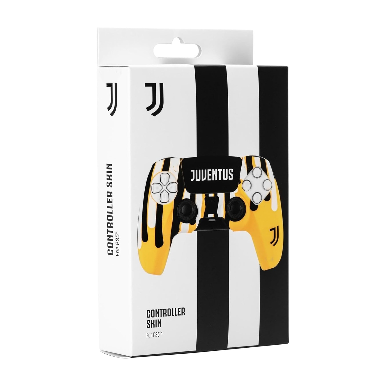 Una scatola per skin controller con design Juventus. Ha strisce bianche e nere e un'immagine del controller con dettagli gialli e neri.
