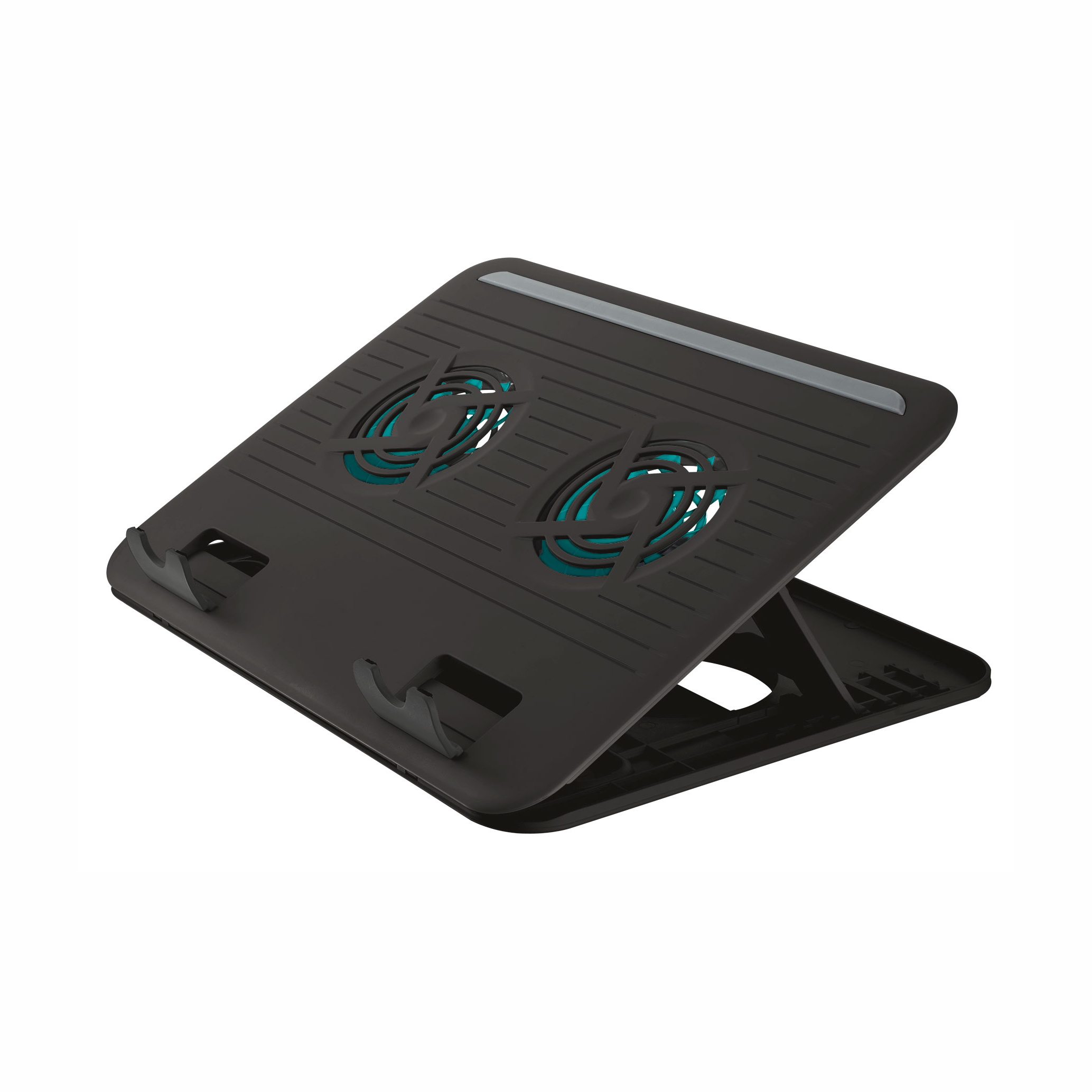 Supporto di raffreddamento per laptop nero con due ventole. Accenti grigi. Inclinato e supportato su sfondo bianco.