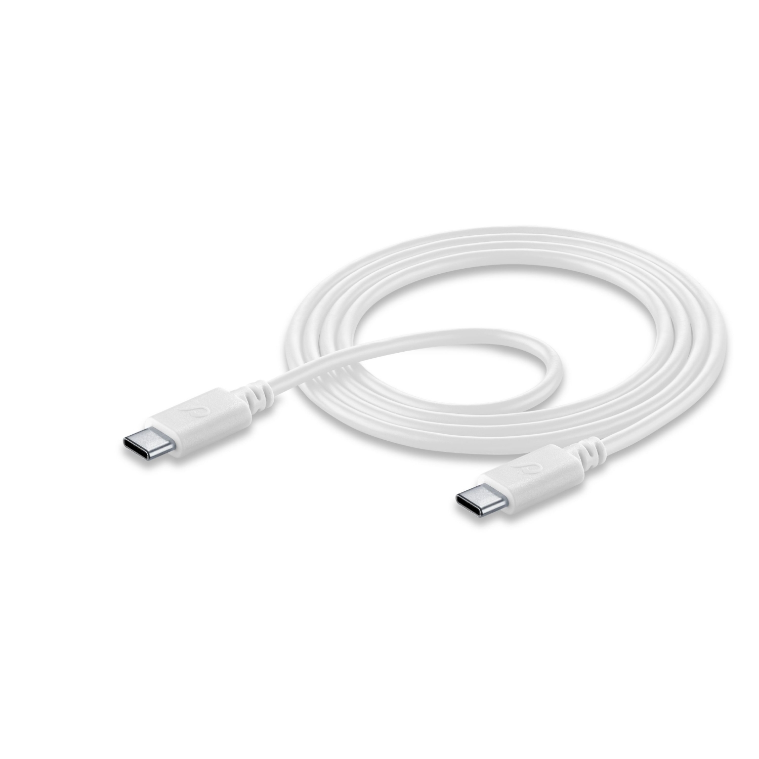 Un cavo di ricarica USB-C bianco, arrotolato su sfondo bianco. Il cavo ha un connettore USB-C a ciascuna estremità.