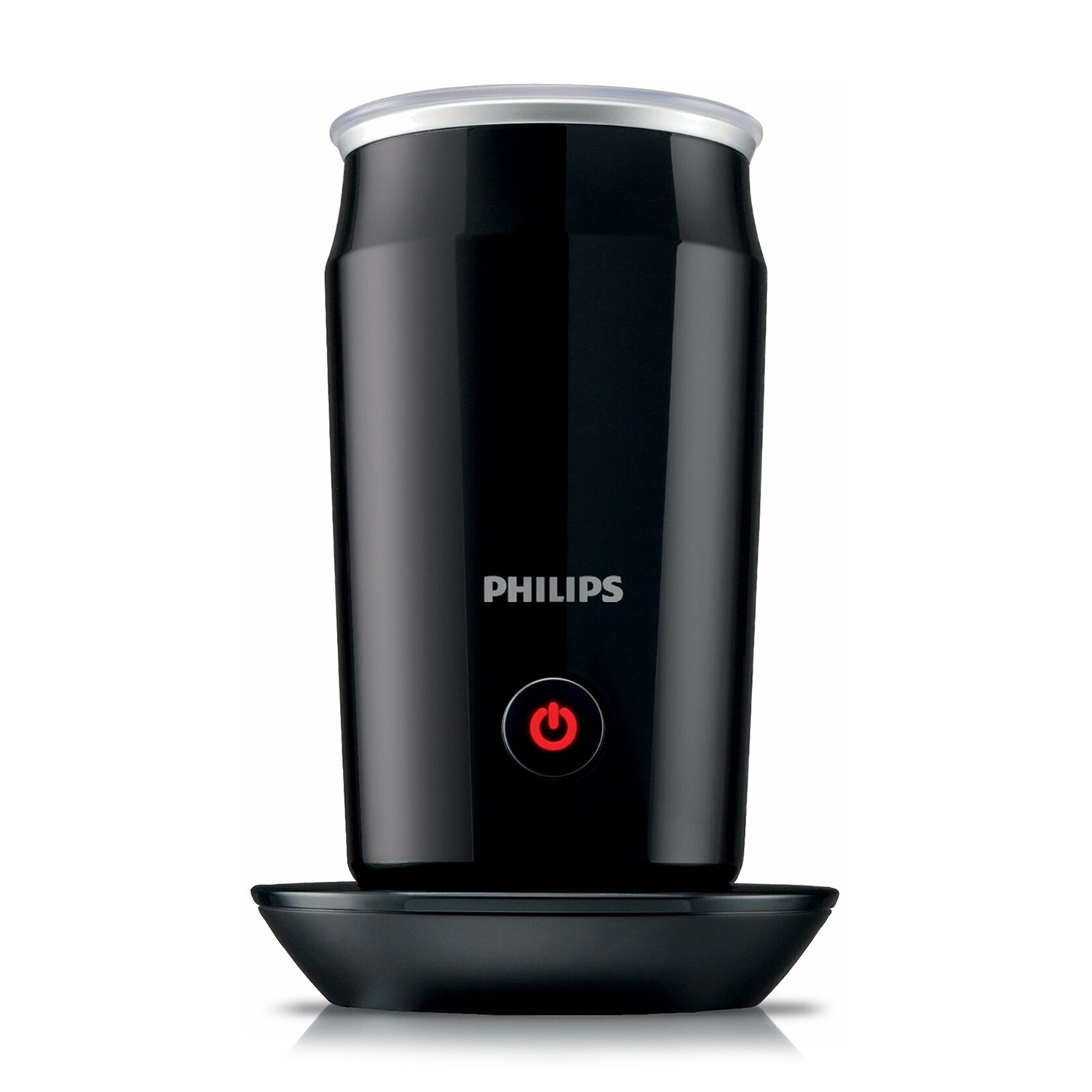 Espumador de leche Philips negro sobre una base negra. Tiene un botón de encendido con luz roja. La parte superior es plateada y blanca.