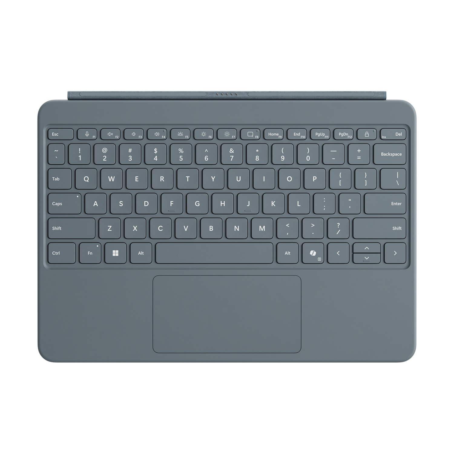 Una tastiera grigia con touchpad. I tasti sono etichettati con lettere, numeri e simboli. Un portapenne è in alto.