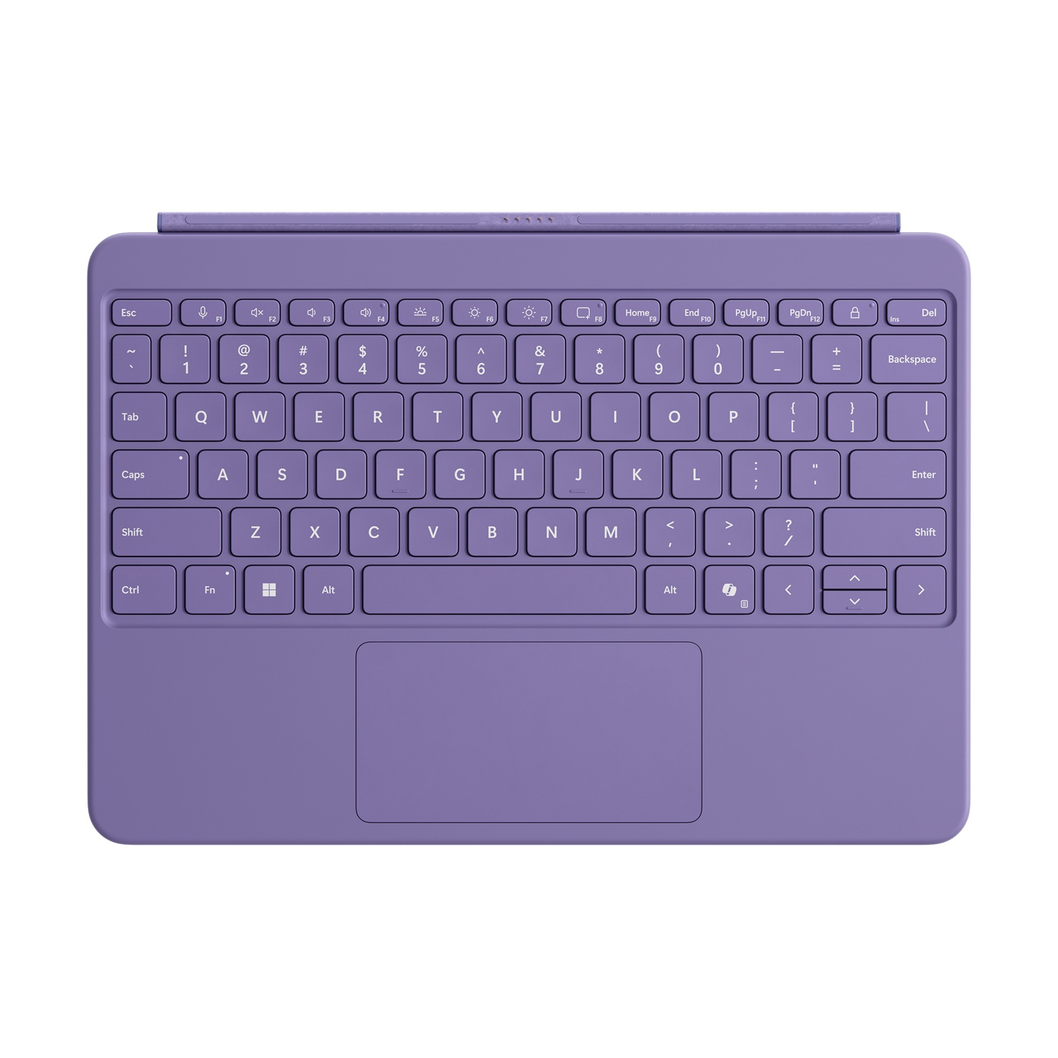 Una tastiera viola con tasti e un touchpad. Include tasti funzione e il tasto backspace.