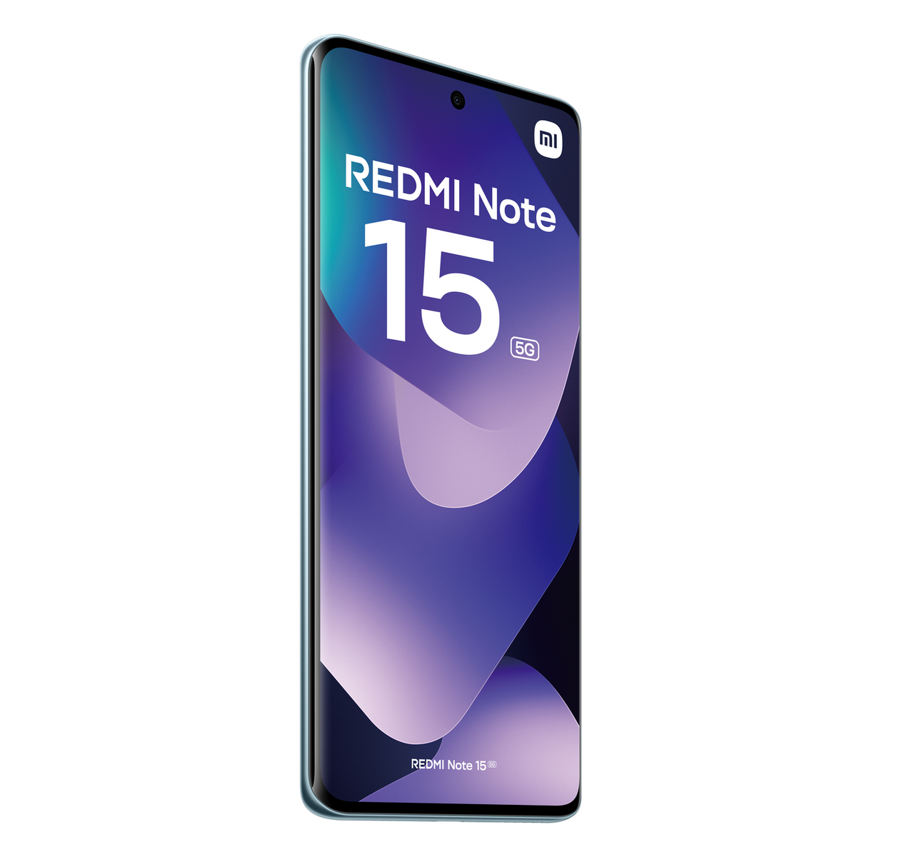 Wyświetlany jest smartfon Redmi Note 15 5G. Ekran pokazuje fioletowy gradient z białym tekstem.