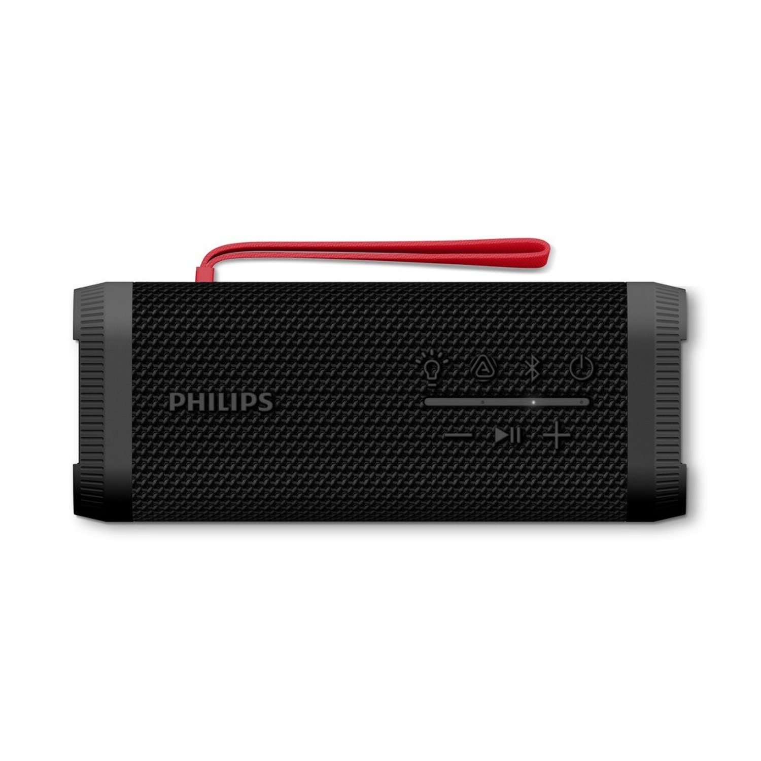 Une enceinte portable noire Philips avec une sangle rouge. Elle possède des boutons de commande et une surface texturée. Le fond est blanc.