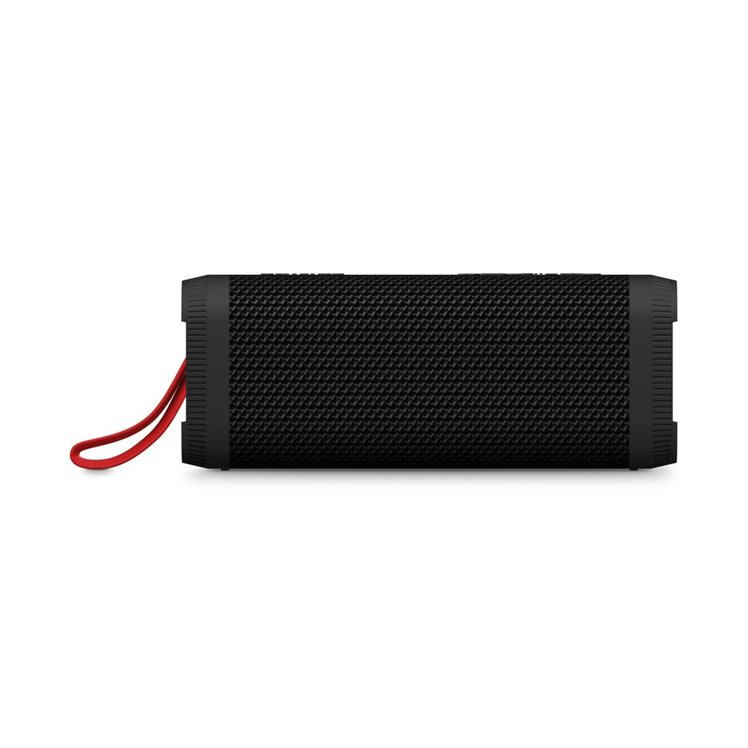 Un haut-parleur rectangulaire noir avec une surface texturée et une boucle de sangle rouge sur le côté, isolé sur fond blanc.