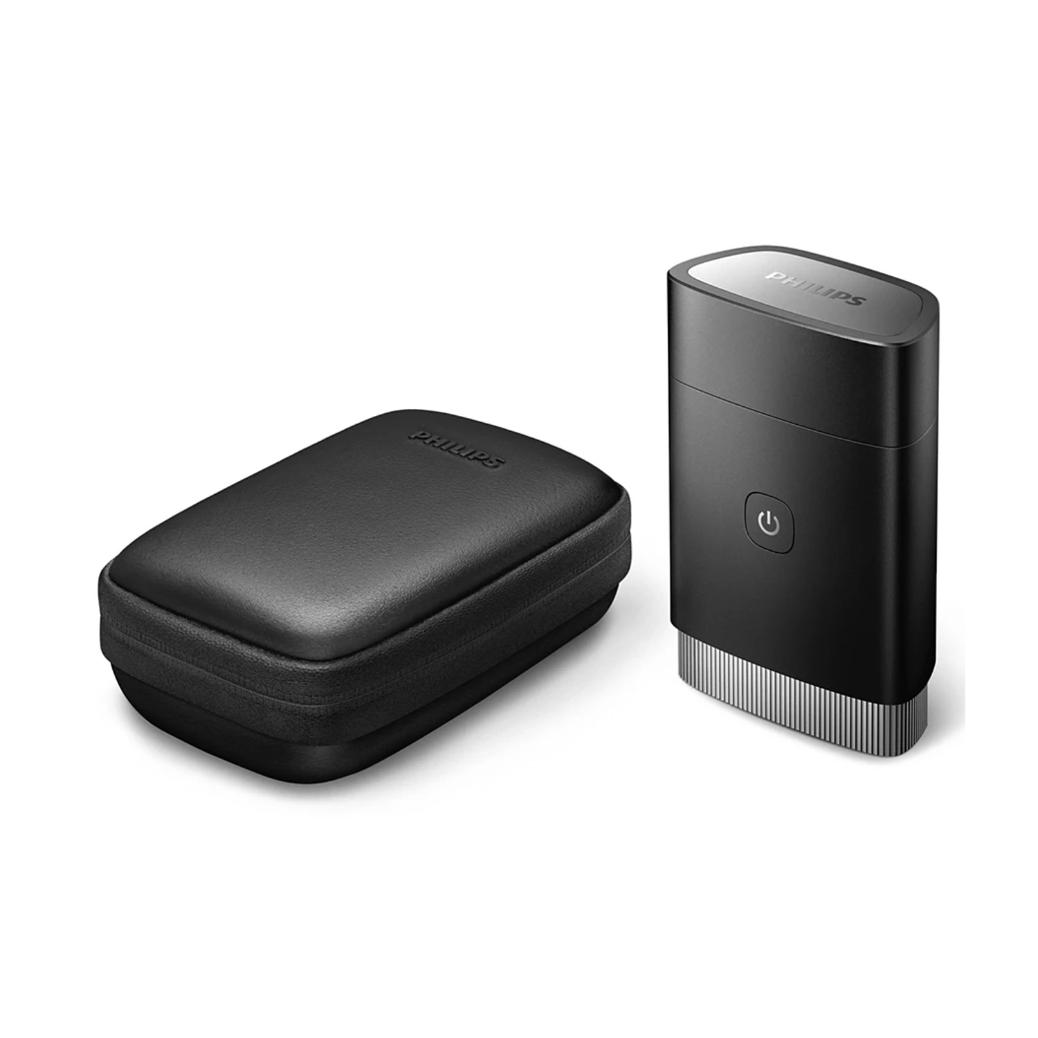 Czarna golarka Philips i jej etui na białym tle. Golarka jest pionowa, etui poziome. Oba są oznaczone Philips.