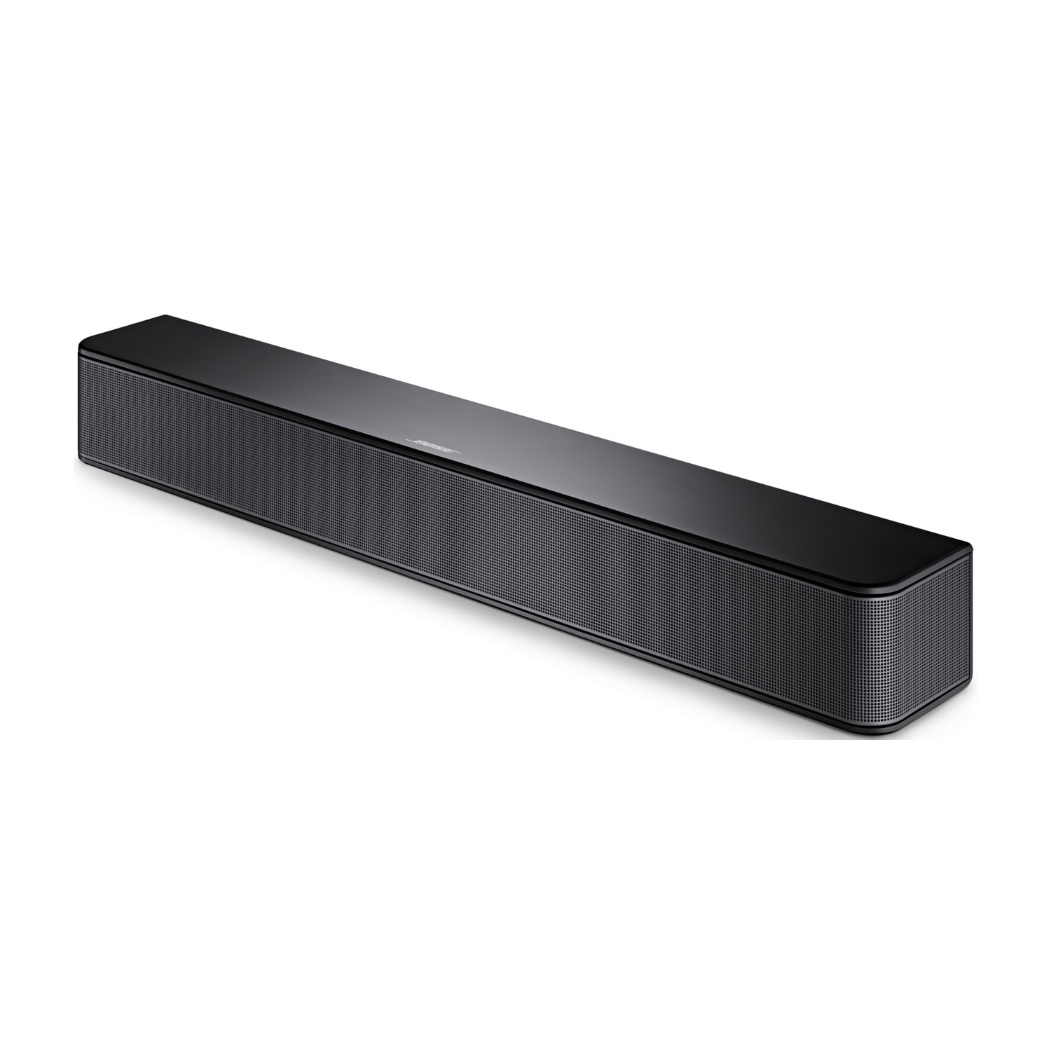Czarny soundbar na białym tle. Soundbar ma siatkowy przód i błyszczący wierzch. Widoczne jest logo Bose.