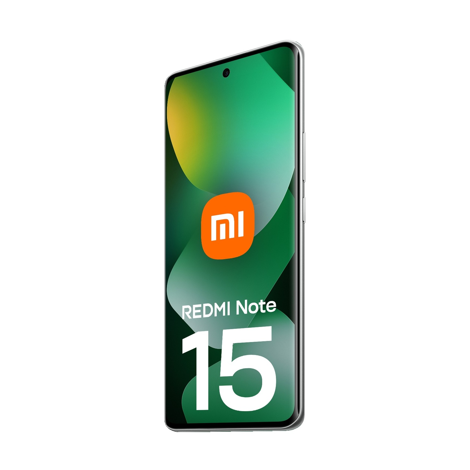 Smartfon z zielonym gradientem wyświetlacza. Ma pomarańczowe logo i tekst 'REDMI Note 15'.