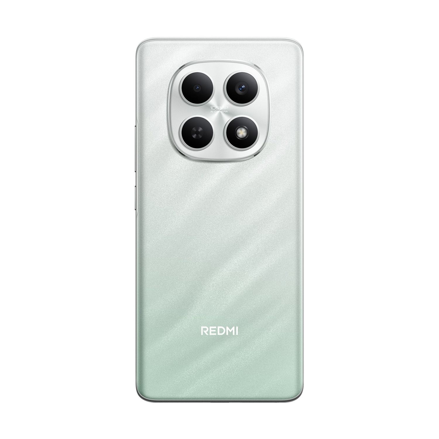 Widok z tyłu jasnozielonego smartfona Redmi z czterema obiektywami aparatu. Logo Redmi znajduje się na dole.