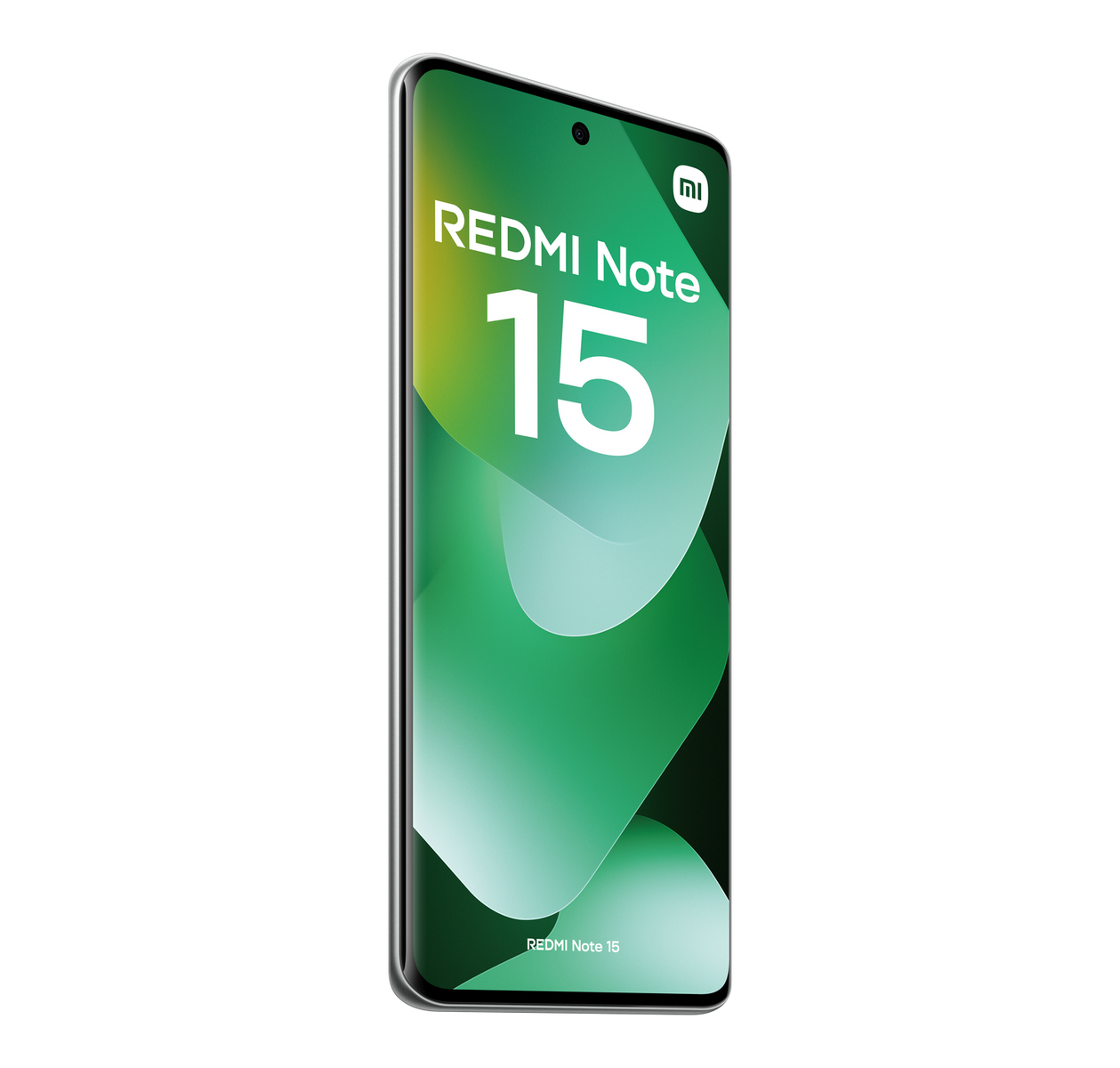 Smartfon z zielonym ekranem wyświetlający logo Redmi Note 15 na czarnym tle. Widoczne logo Xiaomi.