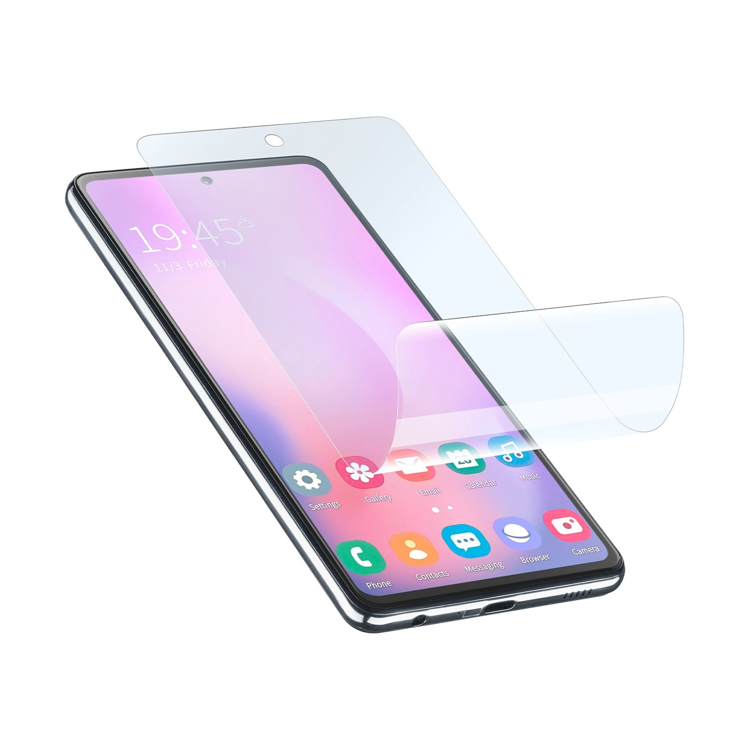 Smartfon z nałożonym ochraniaczem ekranu. Ekran wyświetla ikony i godzinę 19:45. Tło jest białe.