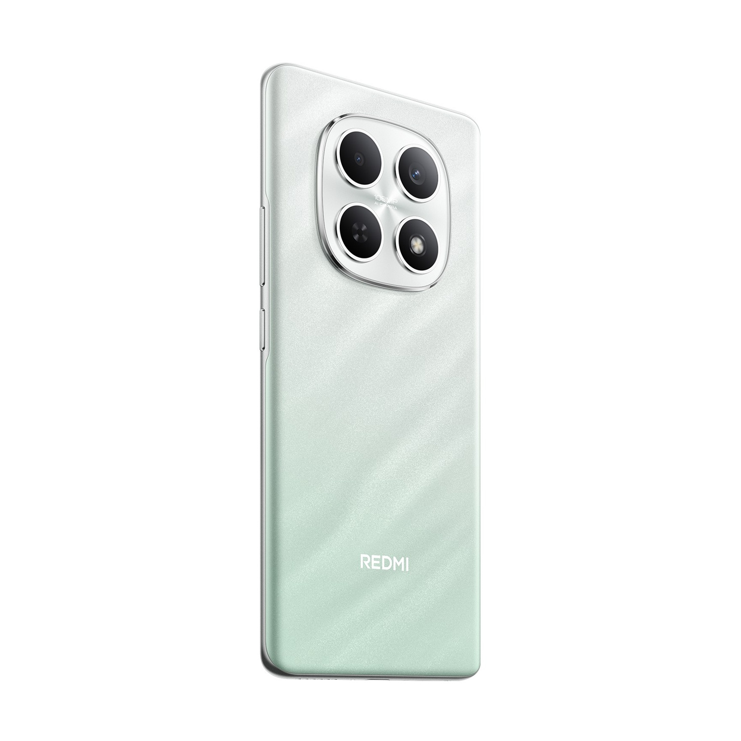 Uno smartphone verde menta con una configurazione a quattro fotocamere. Il telefono ha il logo Redmi. Lo sfondo è bianco.